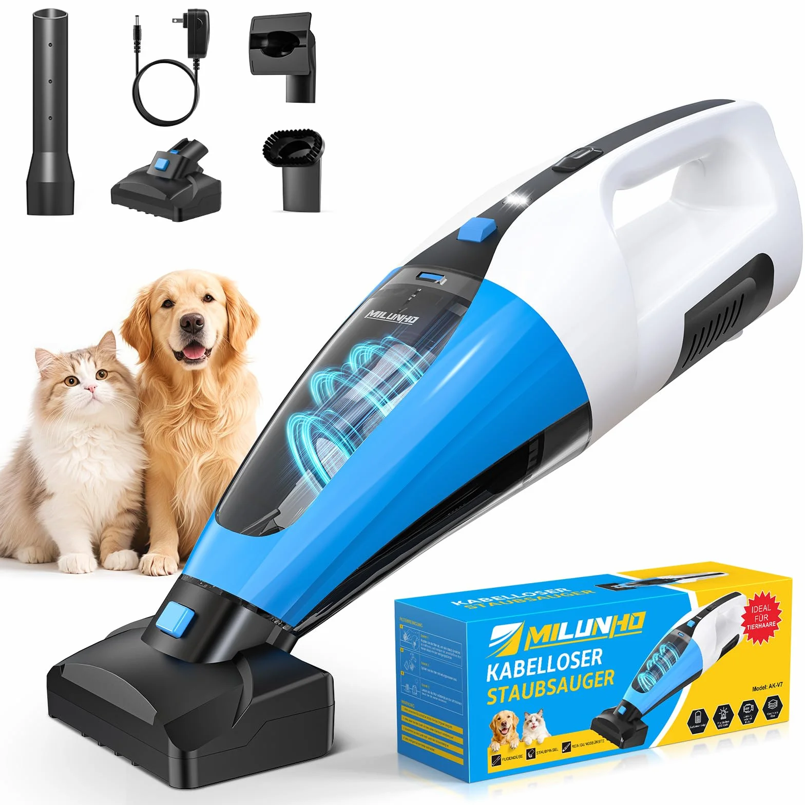 Aspiradora de mano inalámbrica recargable 4 en 1, aspiradora de pelo de mascotas con cepillo de goma giratorio, filtro HEPA, 25-30 minutos de trabajo