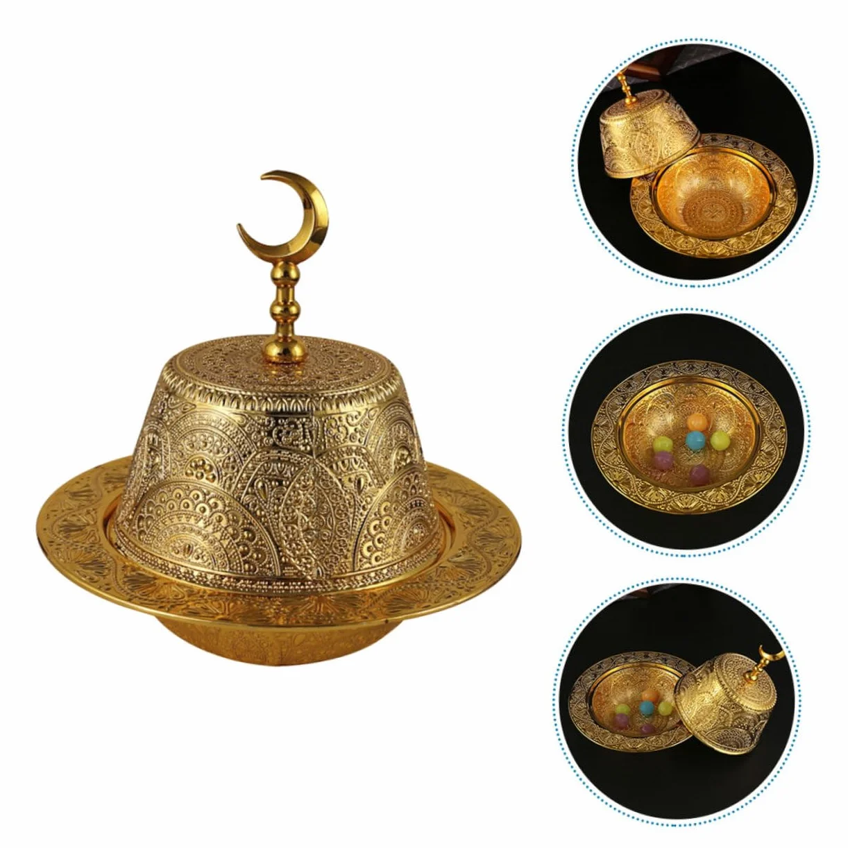 Luxshiny Tazón De Dulces Metálico Tapa Plato De Servir Para Snacks y Postres Estilo Arabe Para Fiestas y Reuniones