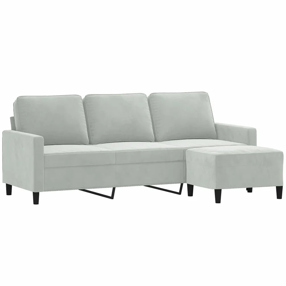 vidaXL Sofá de 3 plazas con Taburete de Terciopelo Gris Claro 180 cm