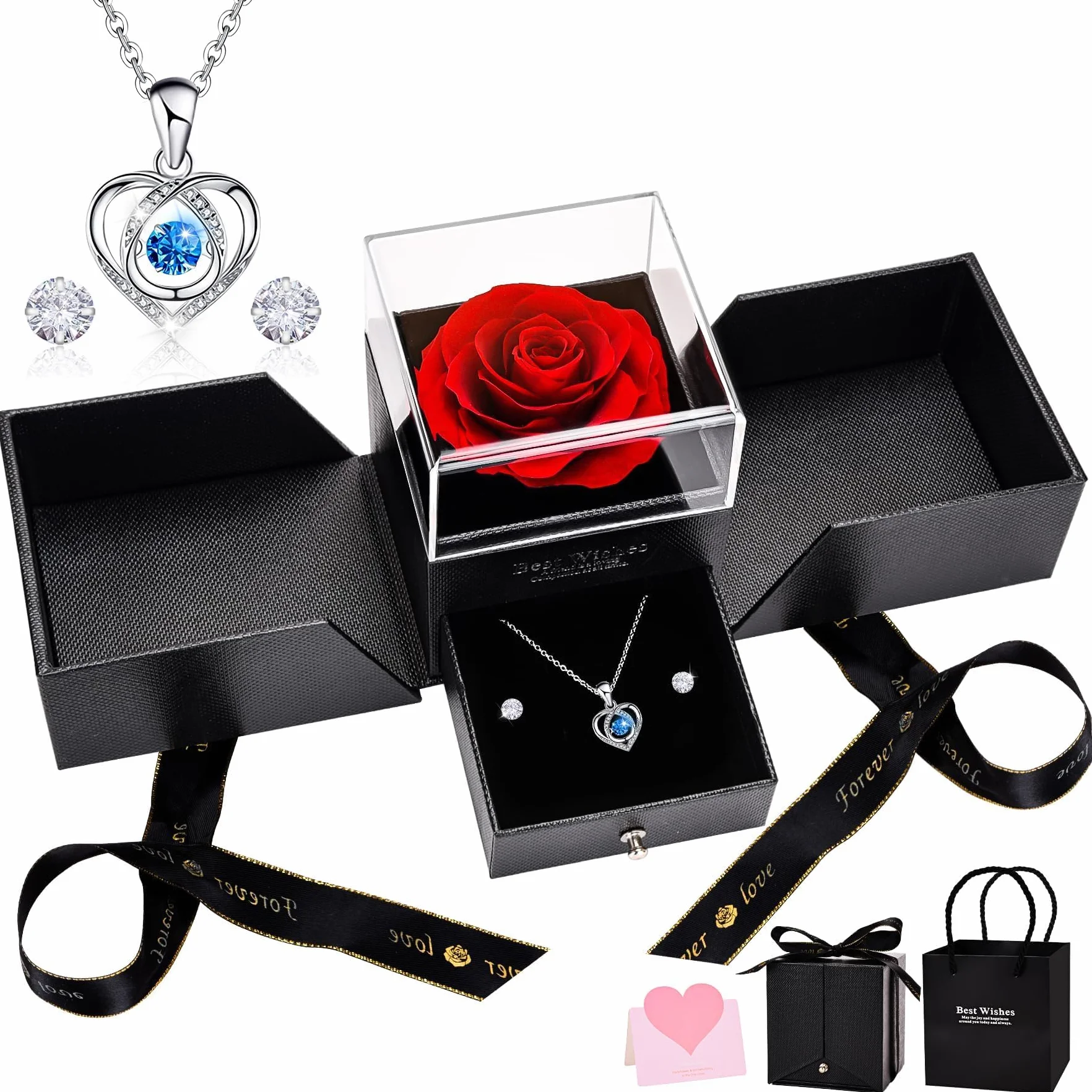 Rosa Eterna Rojo Caja de Regalo Rosa Preservada con Collar de Corazón y Aretes para Mujer