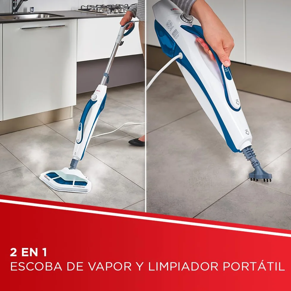 Polti Vaporetto SV460 Doble,Escoba a Vapor 2 en 1 con Limpiador Portátil, Potencia Máxima 1500 W, 17 Accesorios Incluidos, Calentamiento en 15 Segundos, Depósito Extraíble, Blanco y Azul