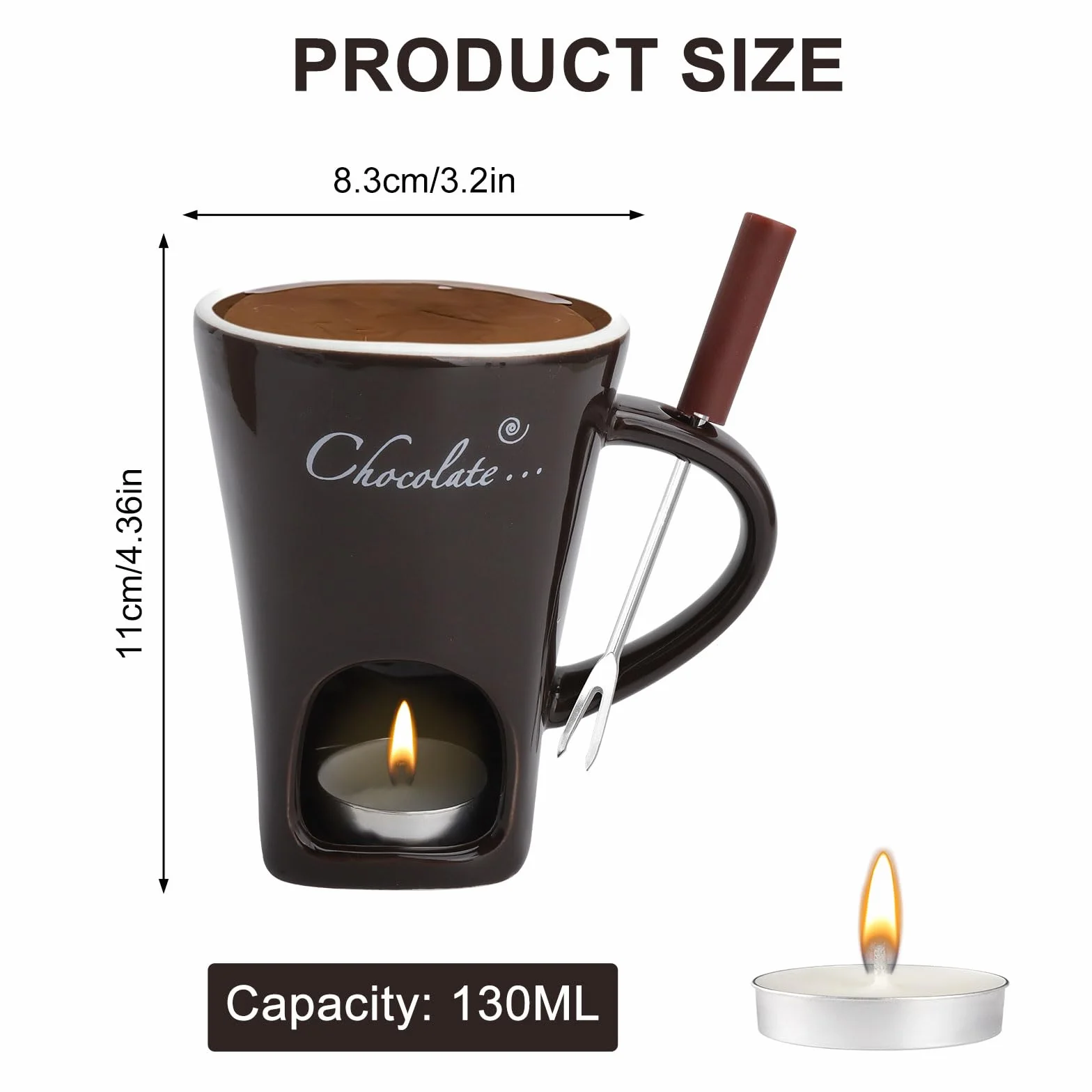 Taza de cerámica para fondue de chocolate, 130 ml, con portavelas y tenedores