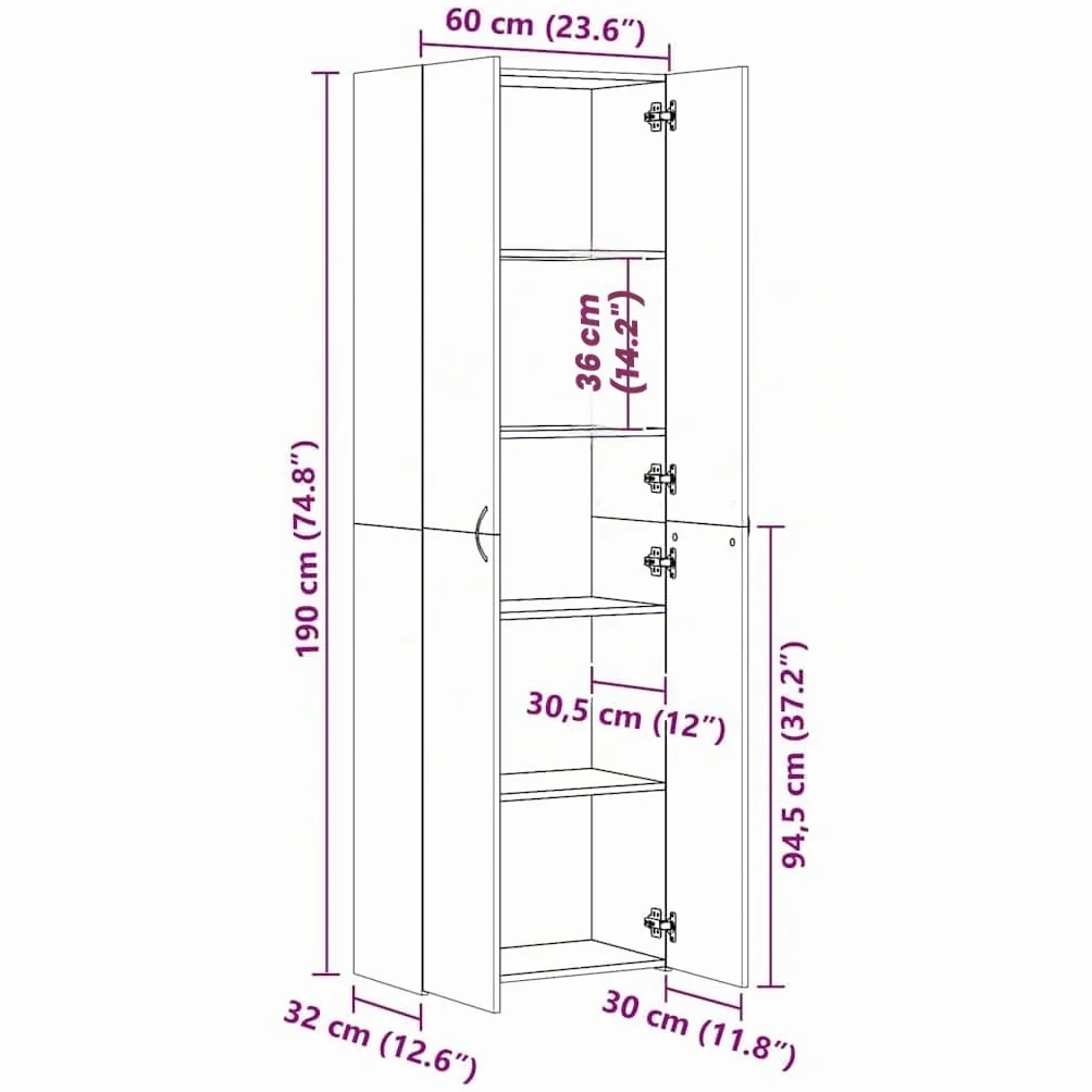 vidaXL Armario Oficina de Contrachapada Mobiliario Archivador Diseño Elegante Estilo Minimalista Clasificación Organizada Archivos Negro 60x32x190cm