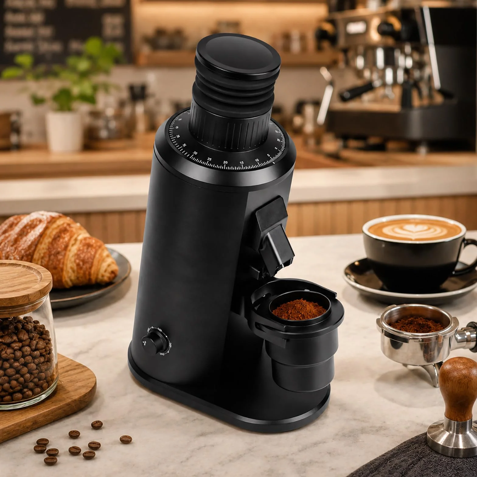Molinillo de Café 80 mm - Muelas Planas para Espresso, Escala de Molienda 0-100, Salida Desmontable y Vaso Dosificador Black