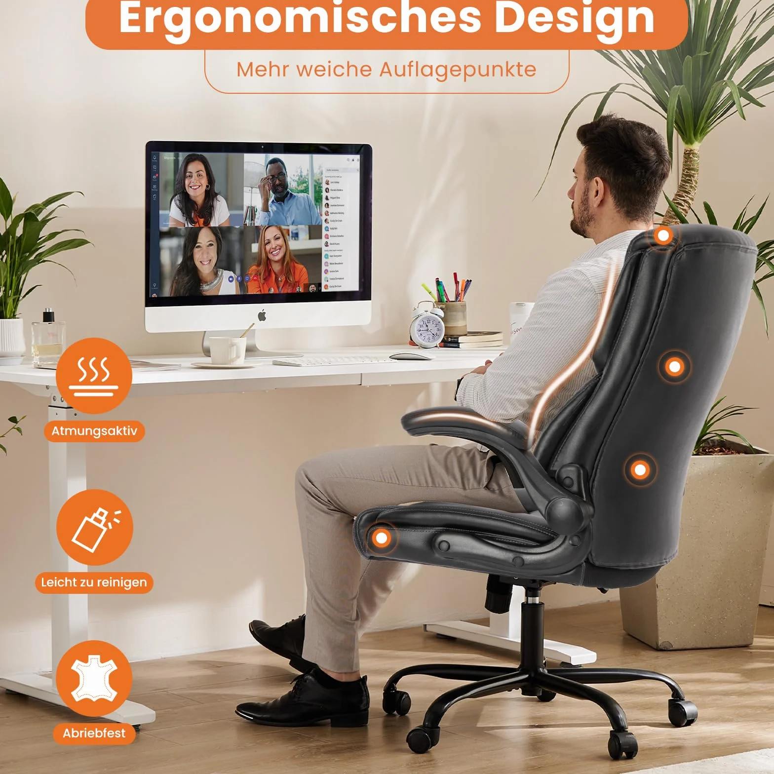 Sweetcrispy Silla de Oficina ergonómica de Piel sintética con reposabrazos Plegables, ergonómica para Ordenador con Respaldo Alto, para Videojuegos, para el Trabajo, Descanso, Color Negro