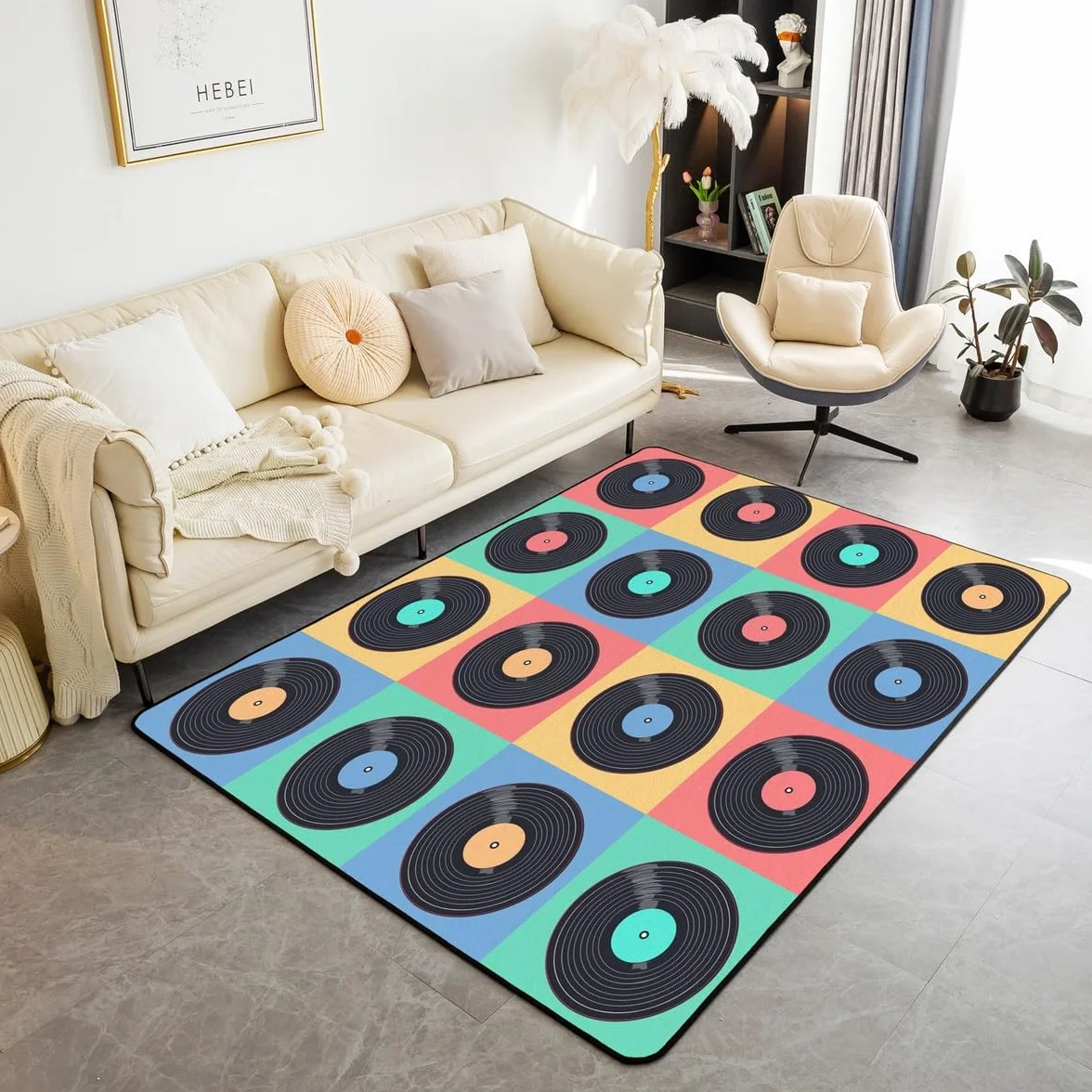 Alfombra de área de disco de música de 150 x 200 cm, alfombra colorida con patrón de cuadros para adultos y adolescentes, alfombra decorativa de música pop, estilo hip hop, alfombra de piso interior