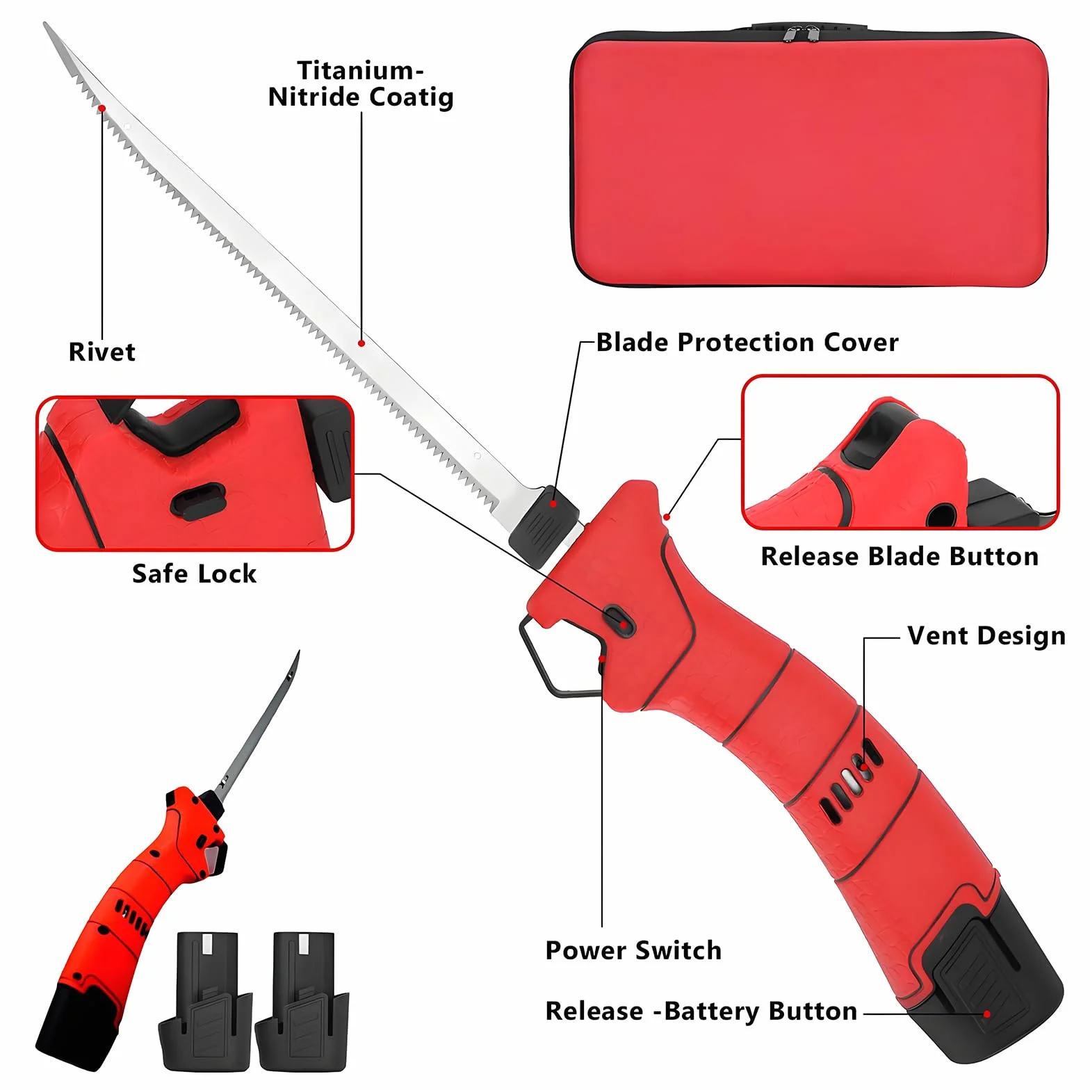 Cuchillo De Filete Eléctrico para Pescado, Cuchillo De Fileteado De Pescado Inalámbrico con 4 Cuchillos De Filete Recíprocos Antiadherentes De Nitruro De Titanio SS