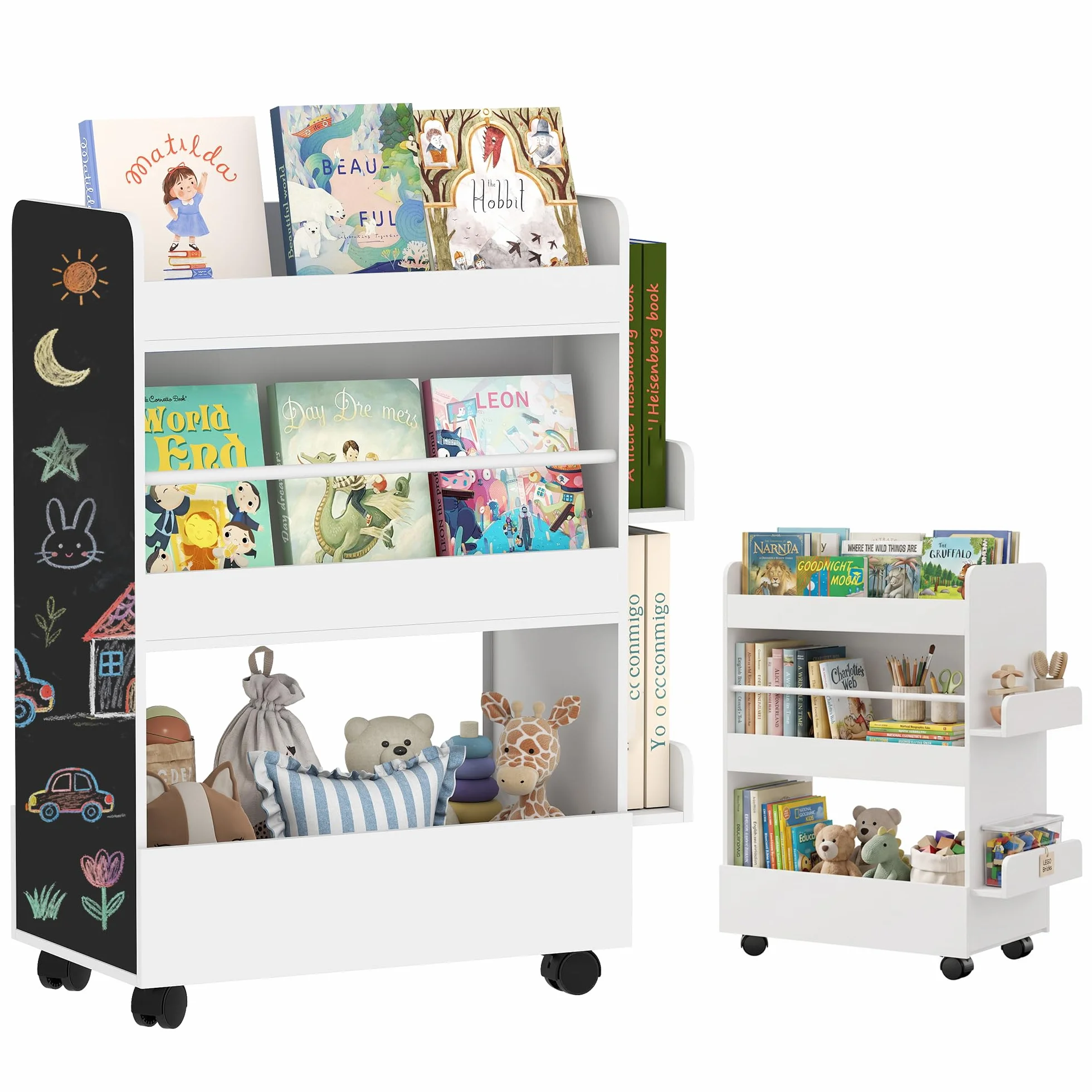 AIYAPLAY Librería infantil con ruedas, librería infantil con pizarra, mueble de almacenaje, estantería para dormitorio infantil de 3 a 8 años para cuarto de juegos, dormitorio infantil, blanco