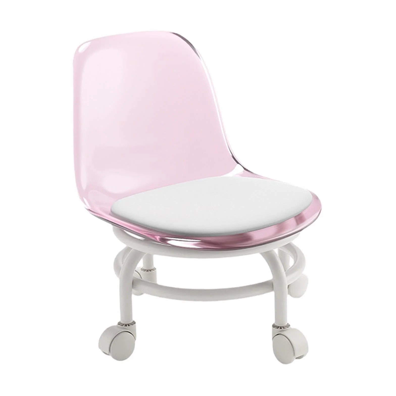 Taburete Rodante Bajo Giratorio de 360°, Asiento Rodante con Respaldo, Taburete de Pedicura, Rosado