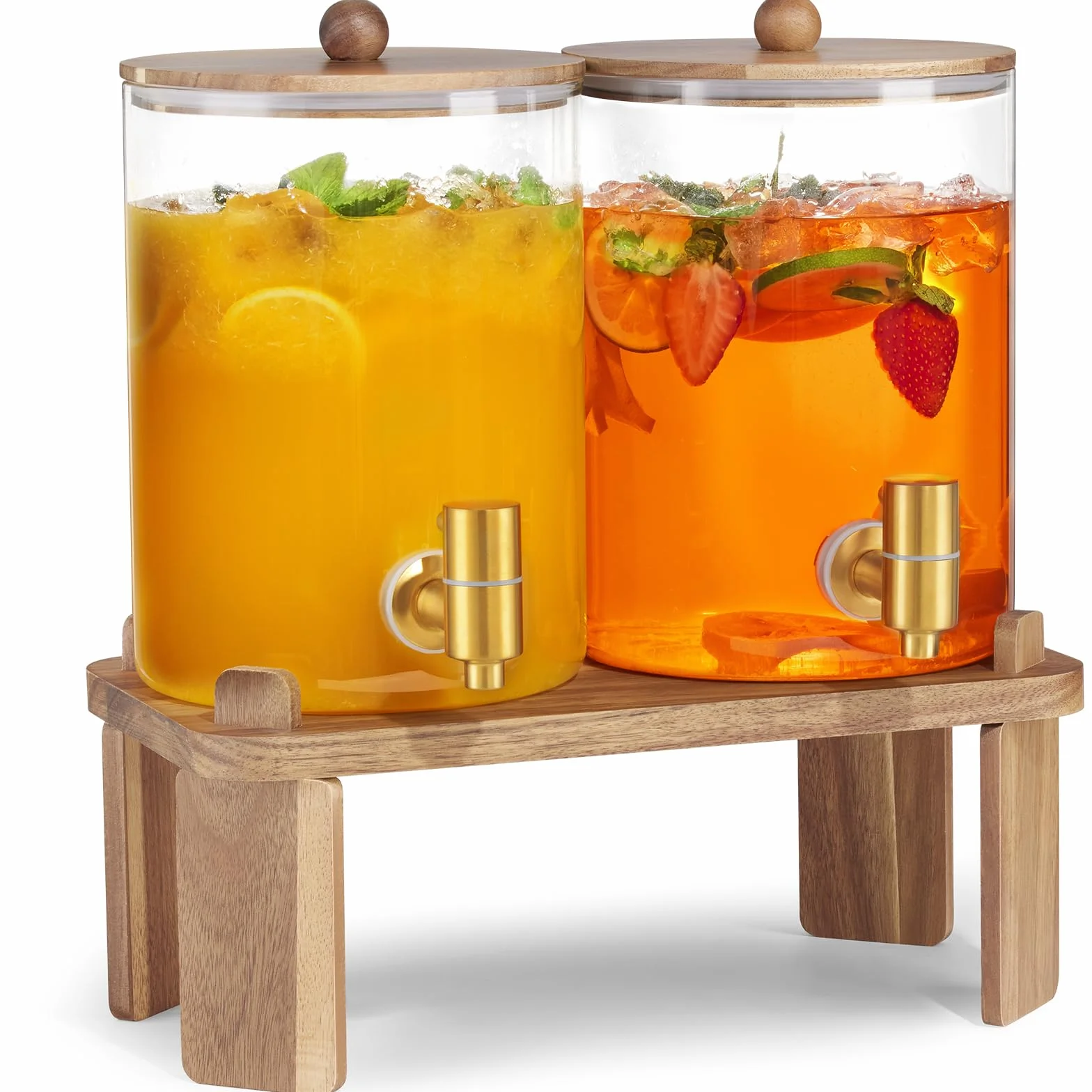 2 dispensadores de bebidas de 1 galón, dispensador de bebidas de vidrio con soporte de madera, dispensadores grandes de bebidas de agua para fiestas con espiga de acero inoxidable, ideal para limonada