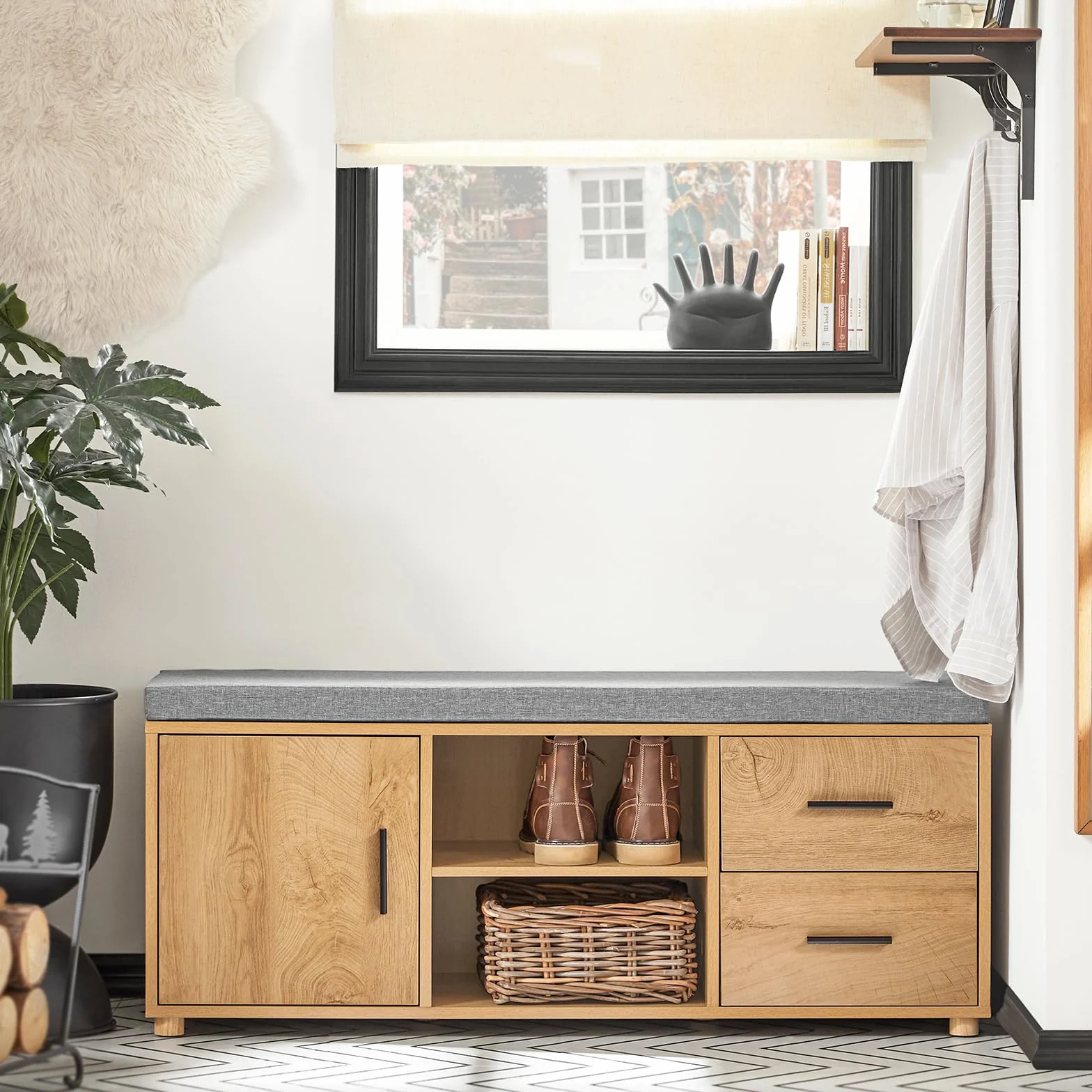 SoBuy Banco Zapatero Banco de Almacenamiento con 1 Puerta 2 Cajones y 2 Estantes Abiertos 110 x 35 x 47 cm FSR148-N ES