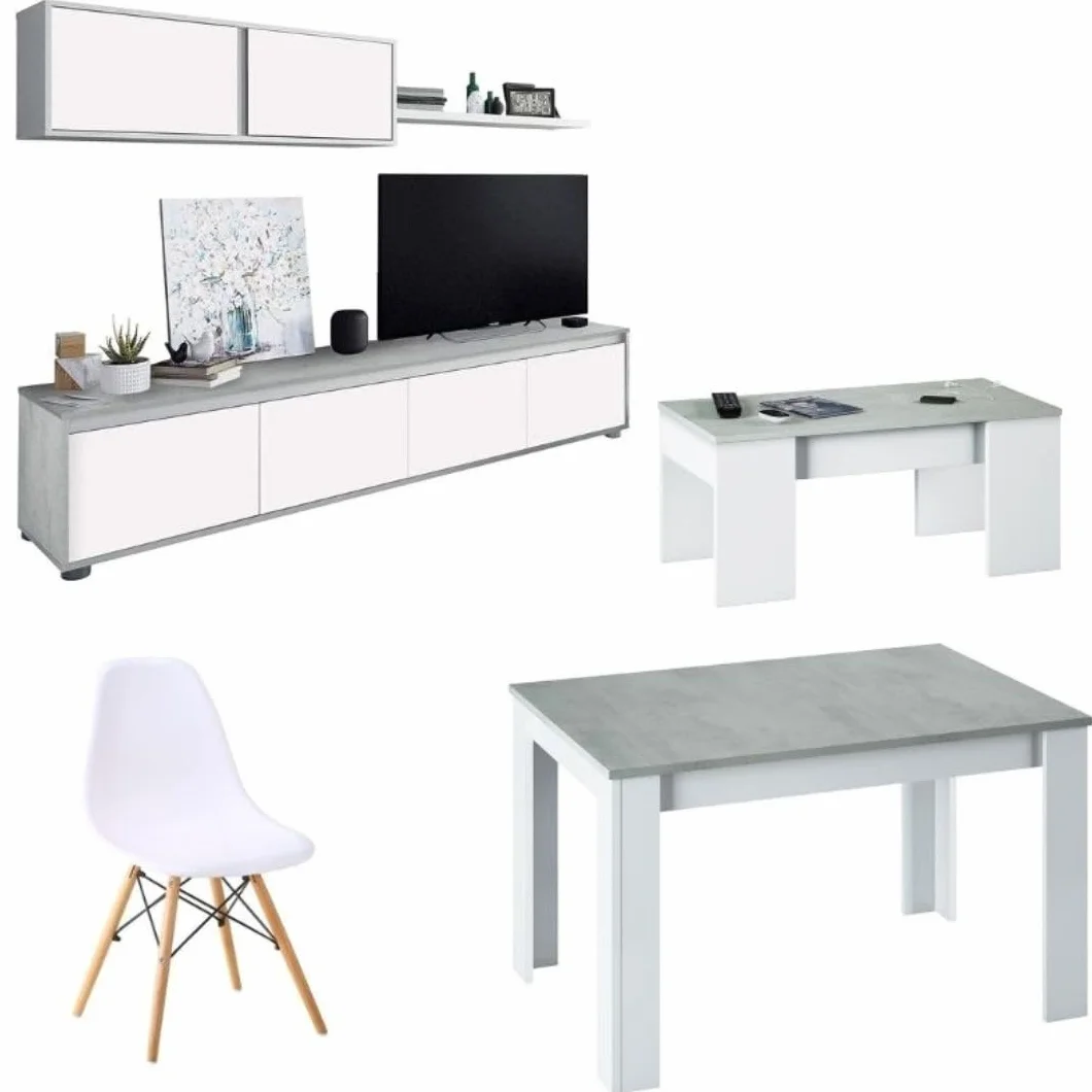 Mobelcenter, Conjunto Salón Cemento, Incluye Mueble y Mesa de Salón, Mesa de Centro y 4 Sillas, Acabado Color Blanco Artik y Cemento (P0018)