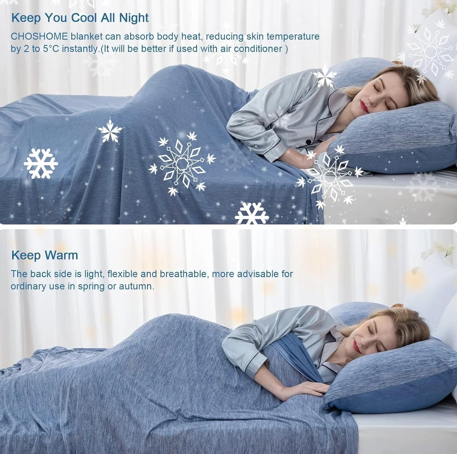 Manta refrescante para Sudores nocturnos, Manta fría de Verano para Personas Que Duermen con Calor, Q-MAX > 0,45, Fina, Suave, Transpirable, Ligera, Fresca para Cama, 152 x 203 cm, Azul