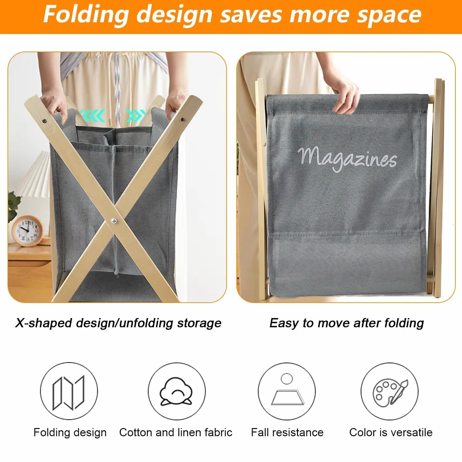 Revistero de Madera Plegable con Tela 30x20x30 cm Gris para Guardar Libros y Periódicos