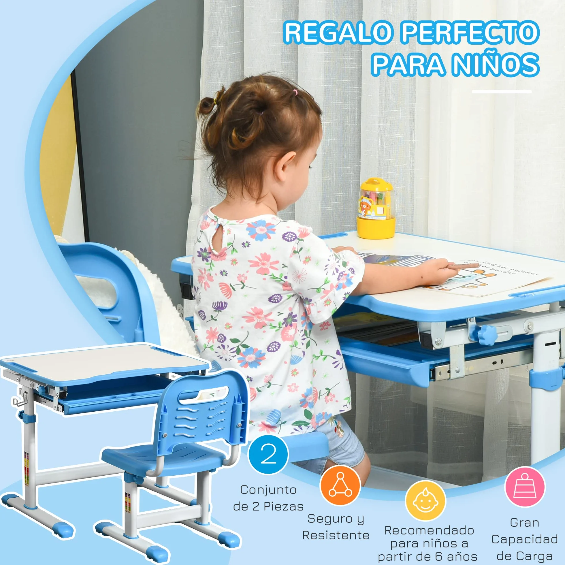 HOMCOM Pupitre Infantil 2 en 1 Escritorio y Silla Ajustable para Niños +6 Años Mesa Regulable Ángulo Bandeja Deslizante 66x47x77 cm Azul