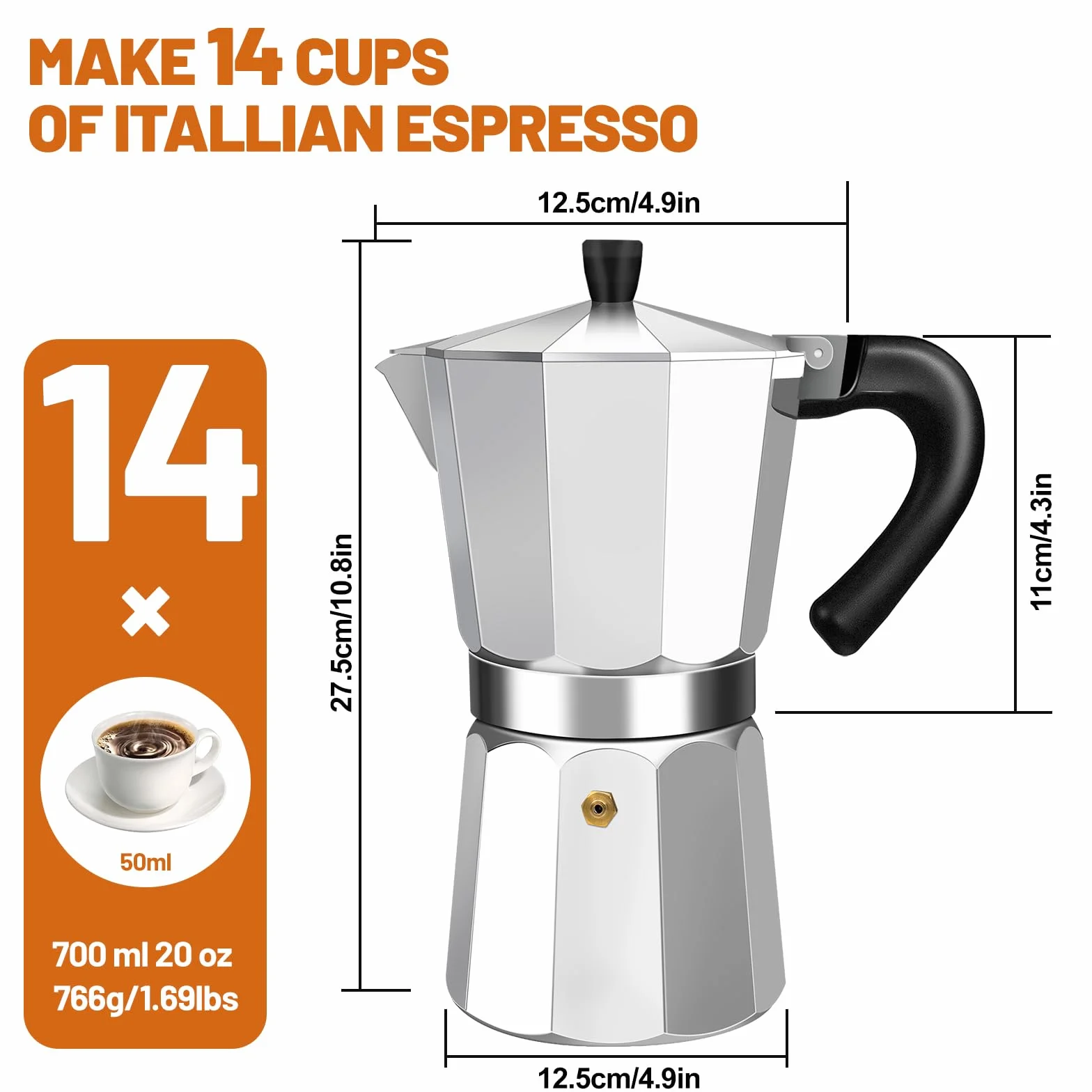 Cafetera Expresso Moka Pot Express de 14 Taza de Aluminio Percoladora Cafetera Moka Clásica Italiana Para Preparar Café Italiano y Cubano Para Casa y Camping 700ml 23oz