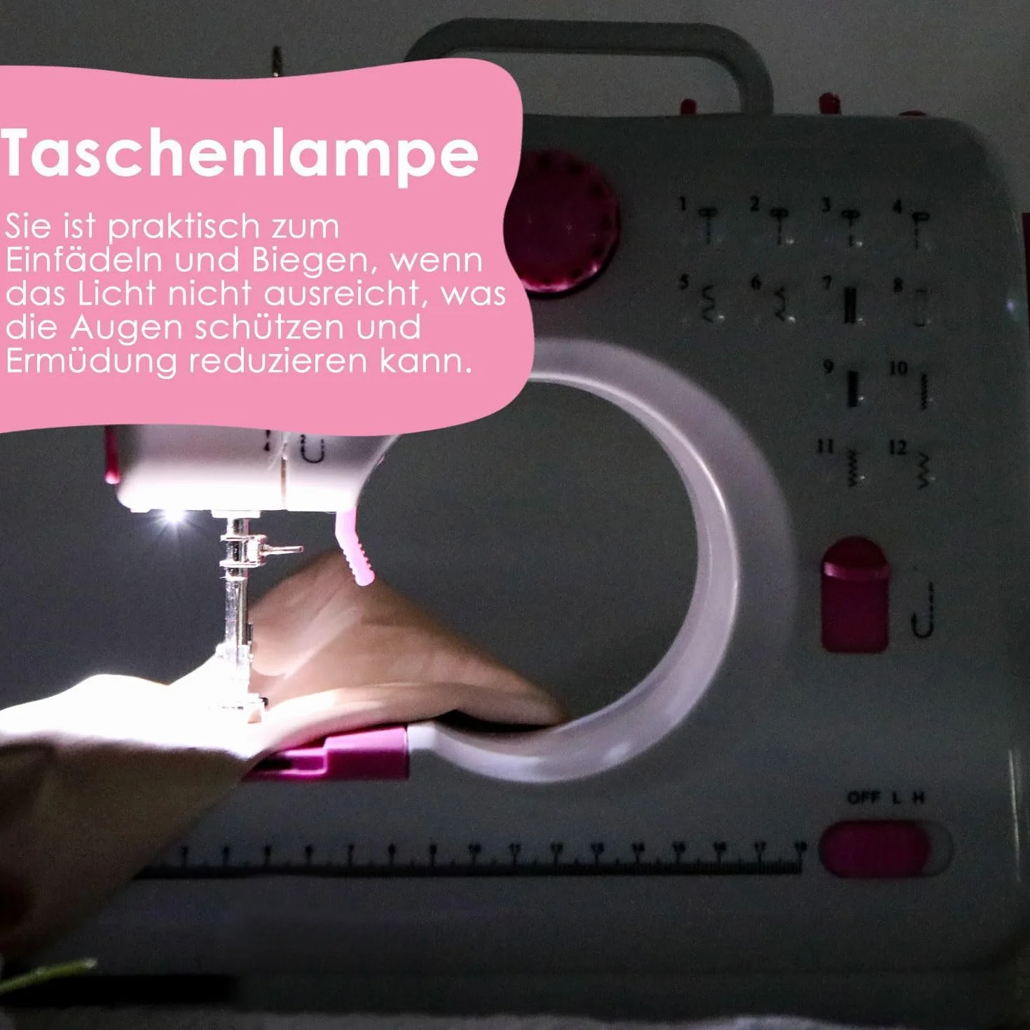 Máquina de Coser, 12 Puntadas Maquina de Coser Niña, Automático Pespunte Doble Hilo Portátil Maquina de Coser Manual para el Hogar con Dos Velocidades y Luz LED, para Adultos Niños (Rosa)