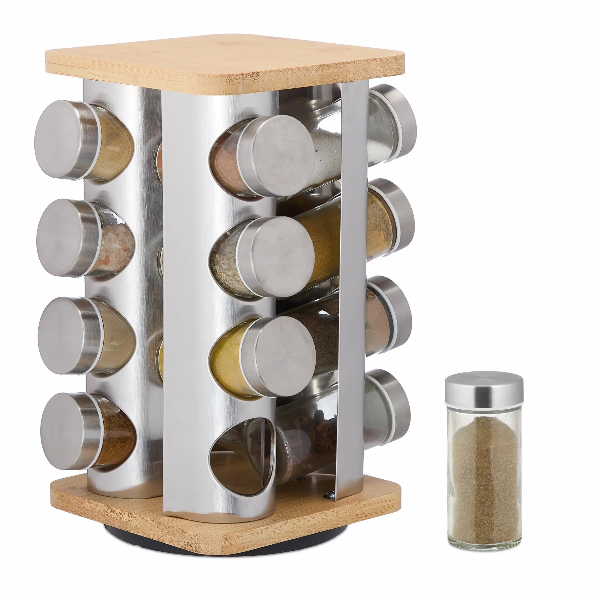 Relaxdays Especiero Giratorio con 16 Botes Especias, Gira 360°, Acero, Bambú, Cristal, 28x20x20 cm, Plateado/Natural