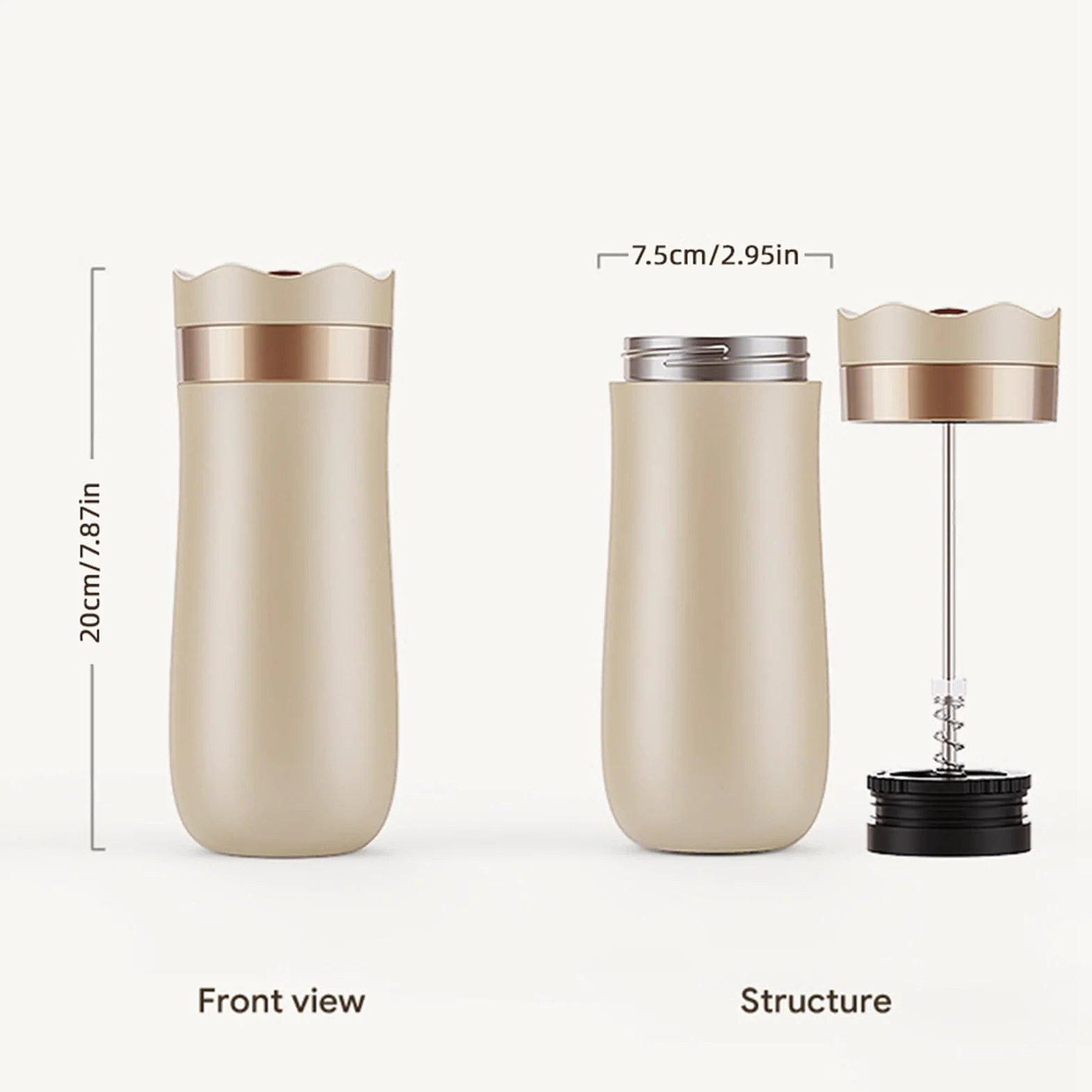 Wakects Taza de Viaje con Prensa Francesa Integrada, 320ml, Doble Pared Aislada, 8 Horas Caliente, Marfil, para Viajar y Acampar