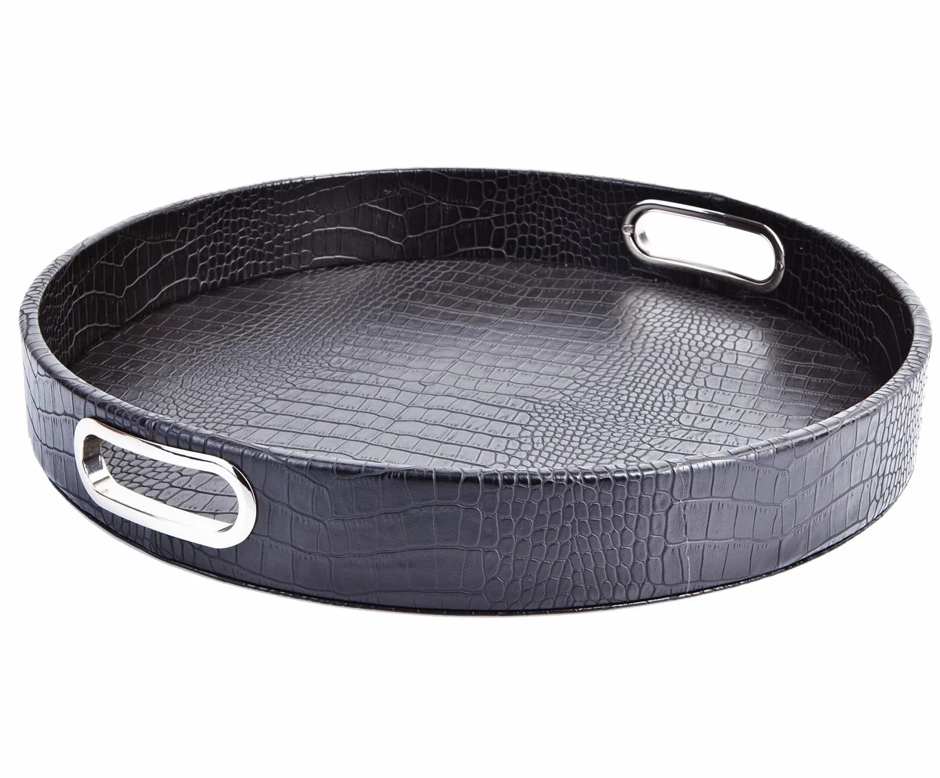 AP-101-A03-E - Bandeja (Redonda, Superficie de Cuero con impresión de Piel de cocodrilo, Asas de Acero Inoxidable, se Puede Limpiar con Agua, 42 x 42 x 6 cm), Color Negro