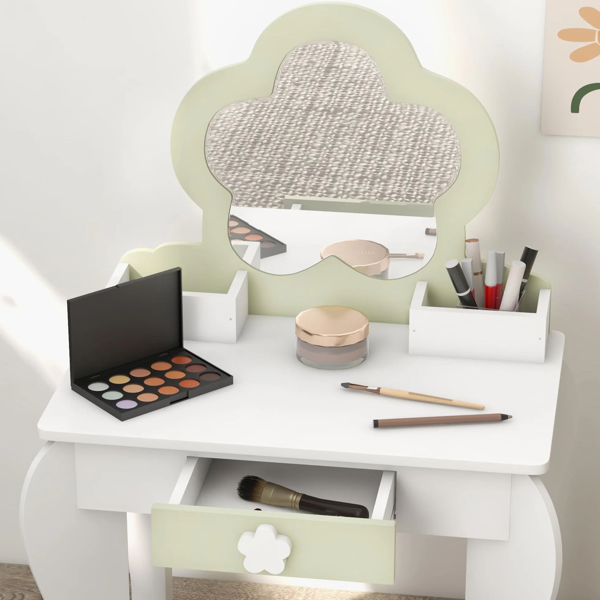 ZONEKIZ Tocador para Niñas con Espejo y Taburete Maquillaje 3-6 Años 2 Cajas 1 Cajón 55x34x87,5 cm Blanco Verde Pastel