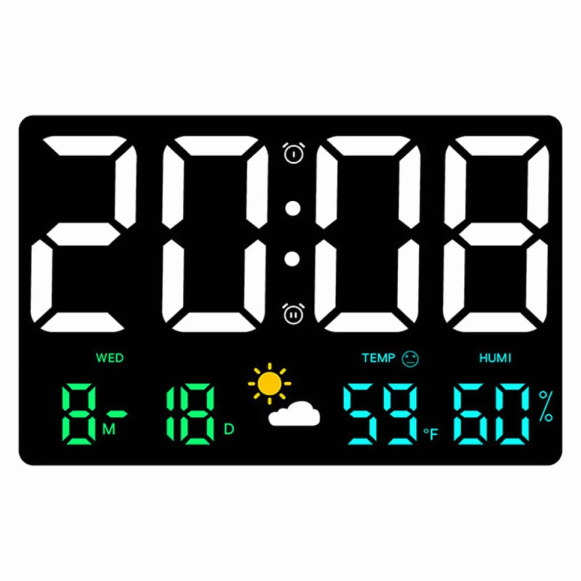 STOBAZA Reloj de Pared Digital LED Números Grandes, Temperatura y Humedad, Pantalla Colorida, Diseño de Plástico Negro para Oficina y Sala de Estar