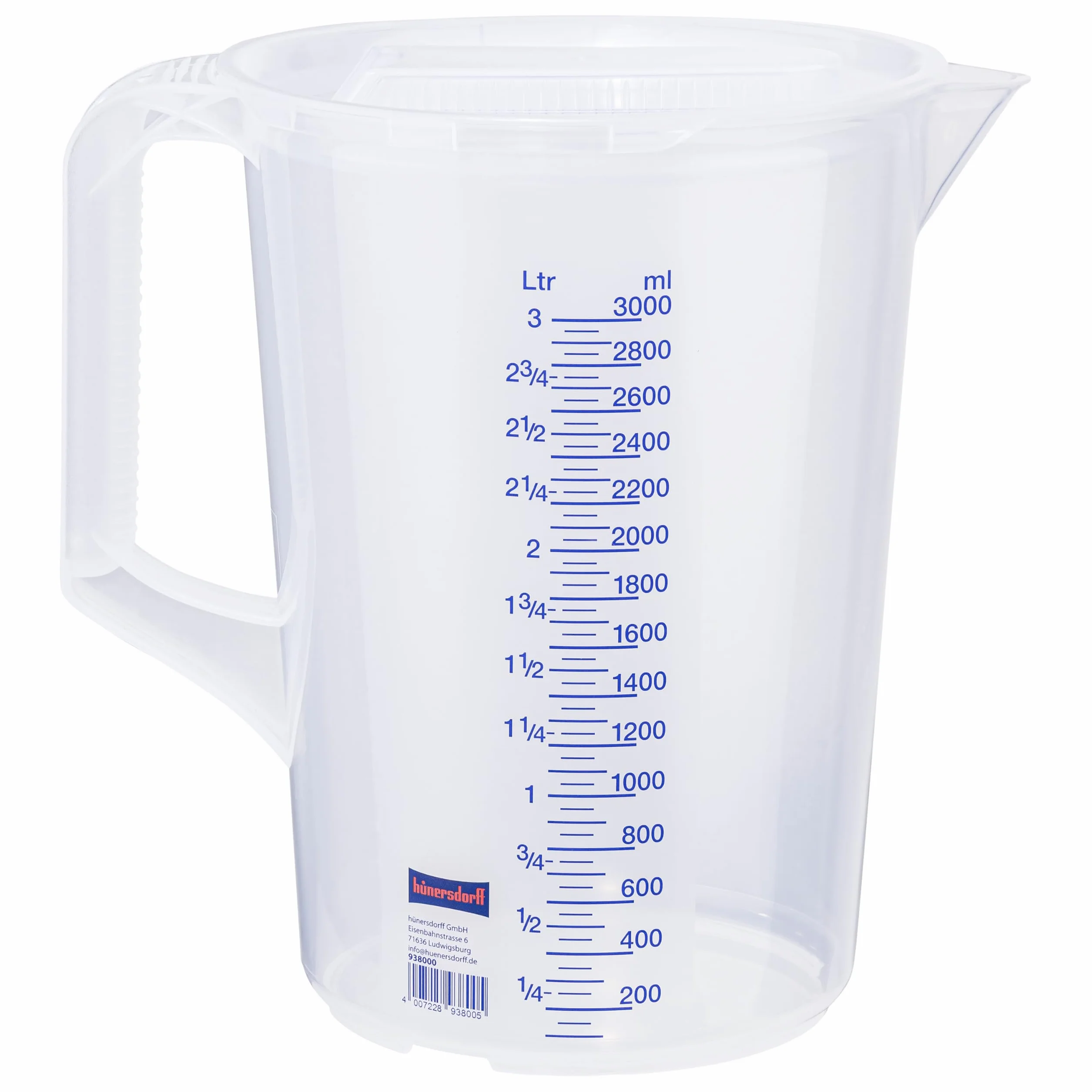 Hünersdorff Jarra medidora de polipropileno 3000 ml PP transparente apilable