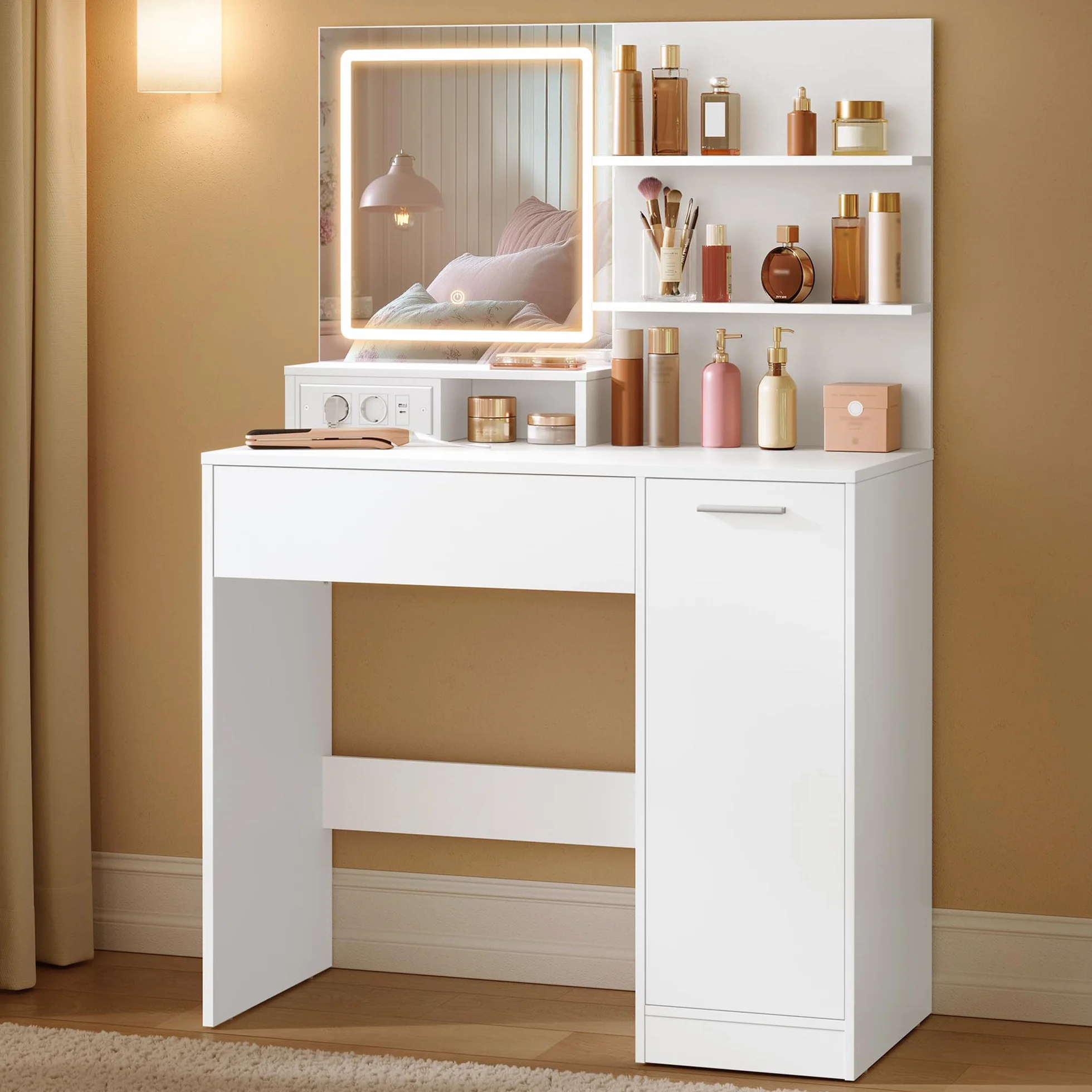 VASAGLE Kailyn Colección - Tocador con Espejo LED, con Regleta de Enchufes, Gabinete con 2 Estantes Ajustables, 1 Cajón, 2 Estantes Abiertos, Estilo Moderno, Blanco RDT138W01