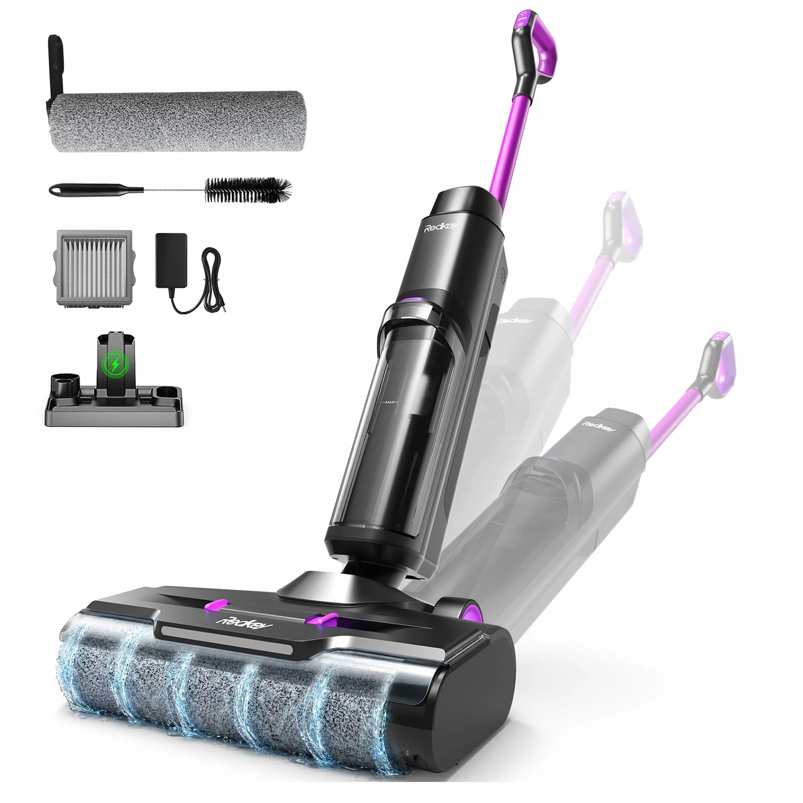 Redkey W15 Aspirador Vertical Fregona Sin Cable Agua, Aspirador Barredor 3 en 1, Potente Absorción de Agua y Polvo, Placa Única de 5mm, 75min Larga Autonomía, Pantalla LED, Limpieza Automática