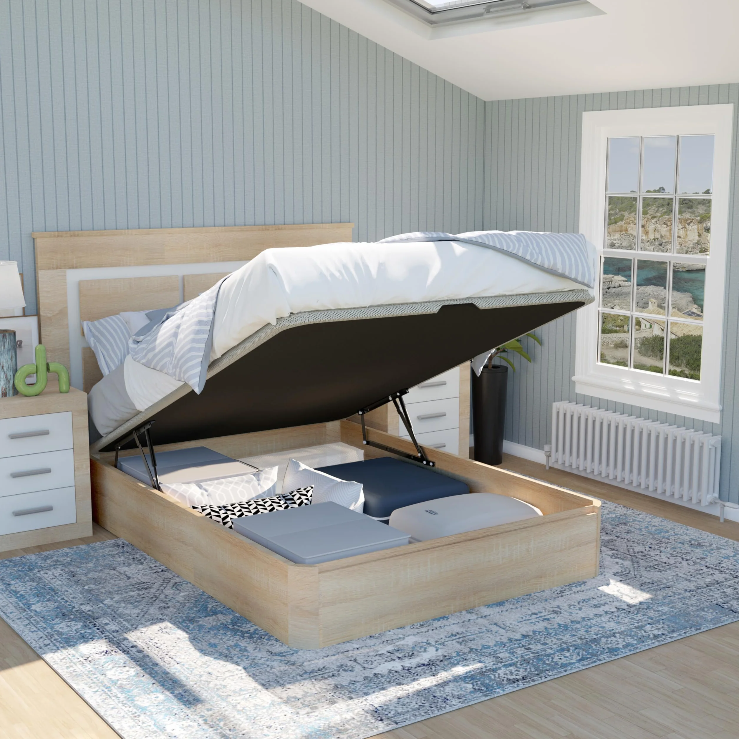 duehome | Luxury, Canapé Abatible con Almacenaje, Base Tapizada, Acabado en Roble, Medidas: 135 cm (Ancho) x 190 cm (Largo) x 31 cm (Alto)