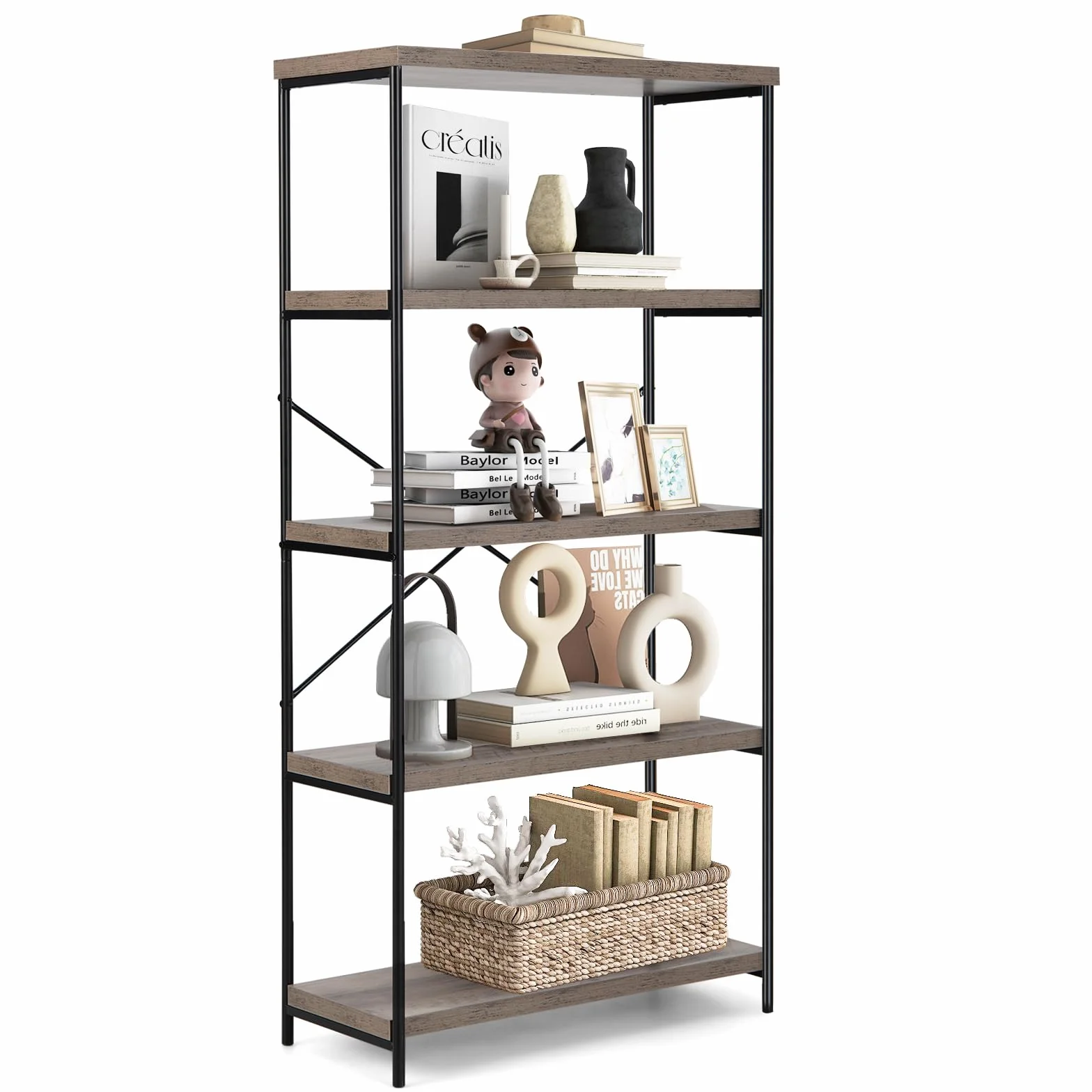 HOMASIS Librería con 5 niveles, estantería independiente con estructura metálica, cada estante puede soportar hasta 20 kg, para salón, dormitorio, estudio, 79 x 35 x 160 cm, diseño industrial (Gris)