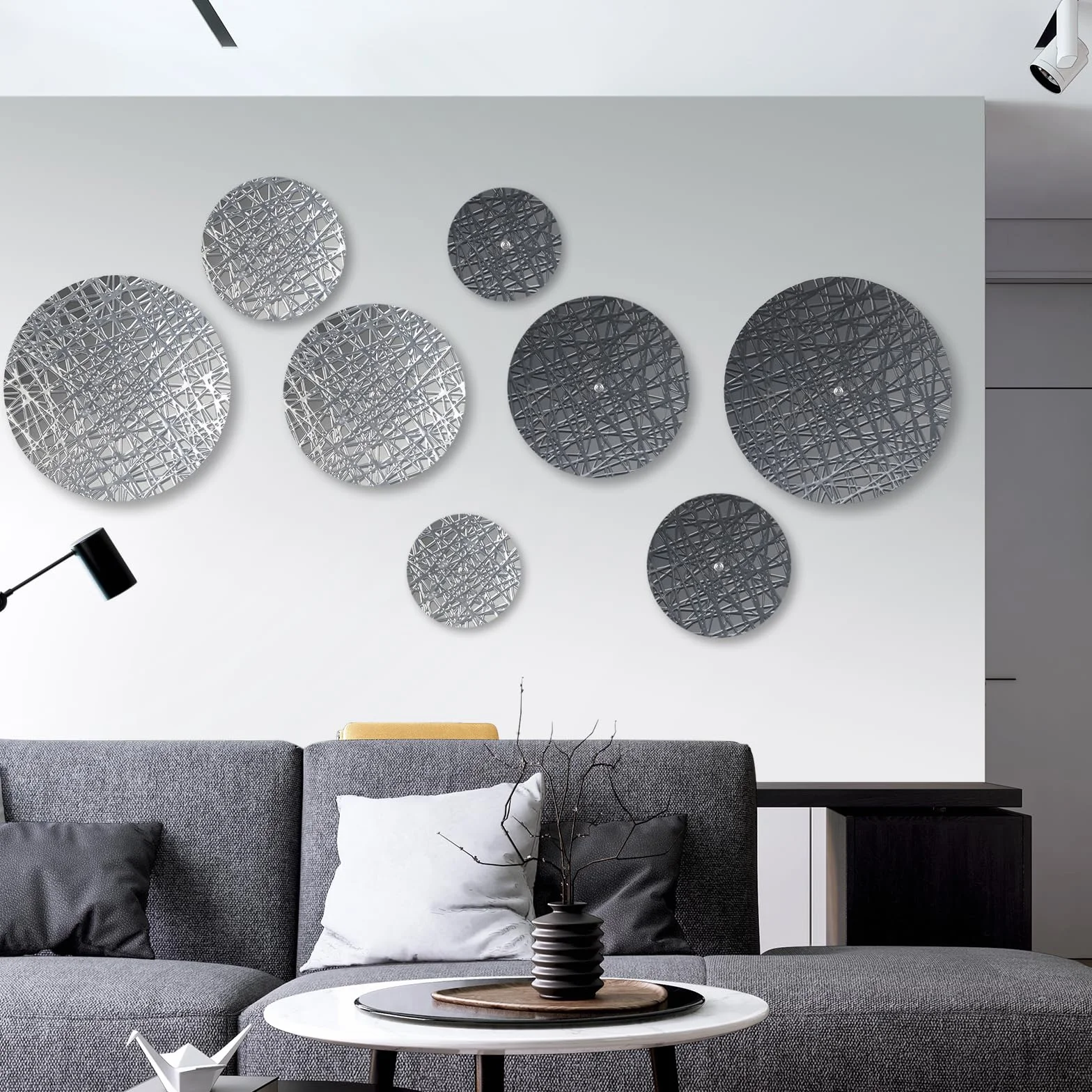 DETENE pared redonda metal Decoración,pared boho Metal redondo | 8 piezas con 4 tamaños, plateado y azul, esculturas colgantes modernas para salón, oficina, apartamento, baño