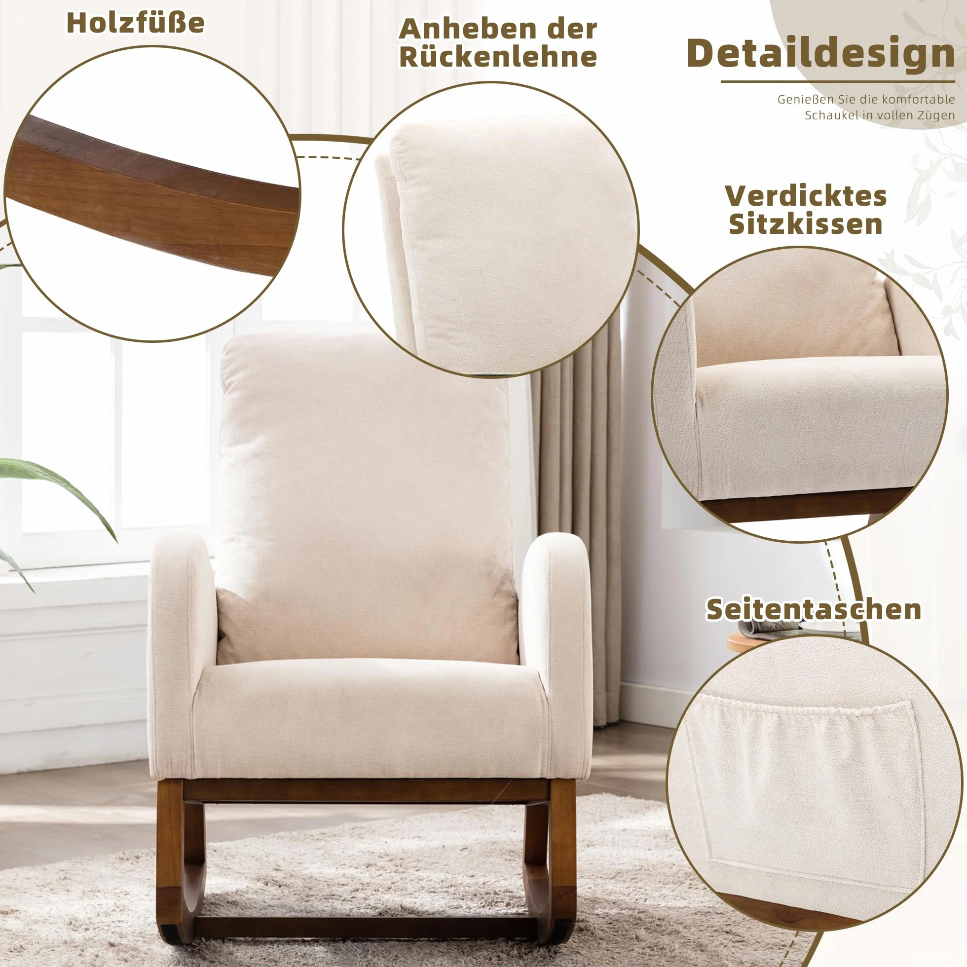 Silla mecedora acolchada para habitación infantil Glider Rocker para bebés y niños, sillón Comfy con bolsillo lateral, sillón de salón con respaldo alto (beige), yaoyi-01