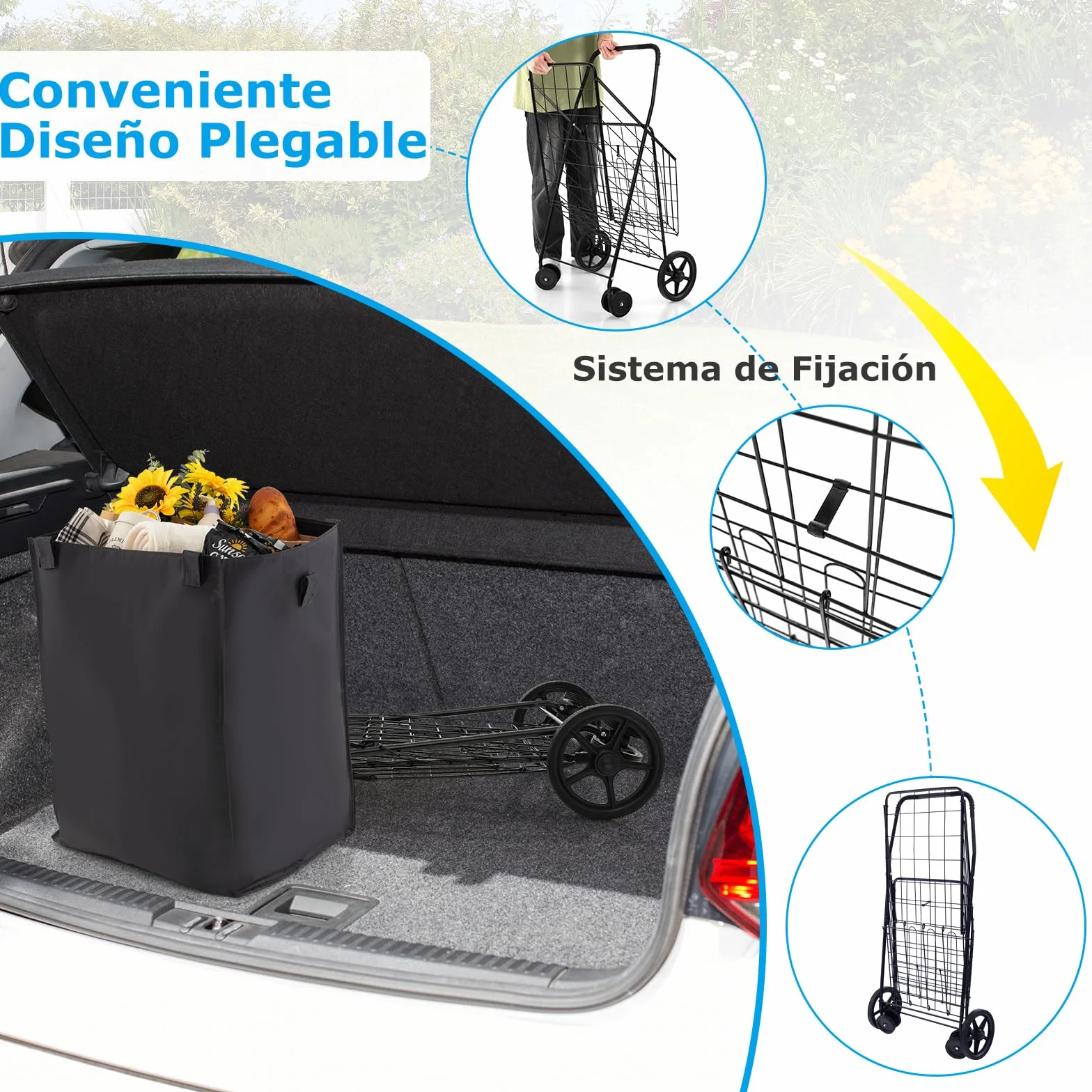 COSTWAYCarro Plegable con 2 Cestas, Compra 4 Cuedas, Forro Oxford Impermeable, 120 L, Metal, Asa Antideslizante, Soporta hasta 40 kg para Supermercado