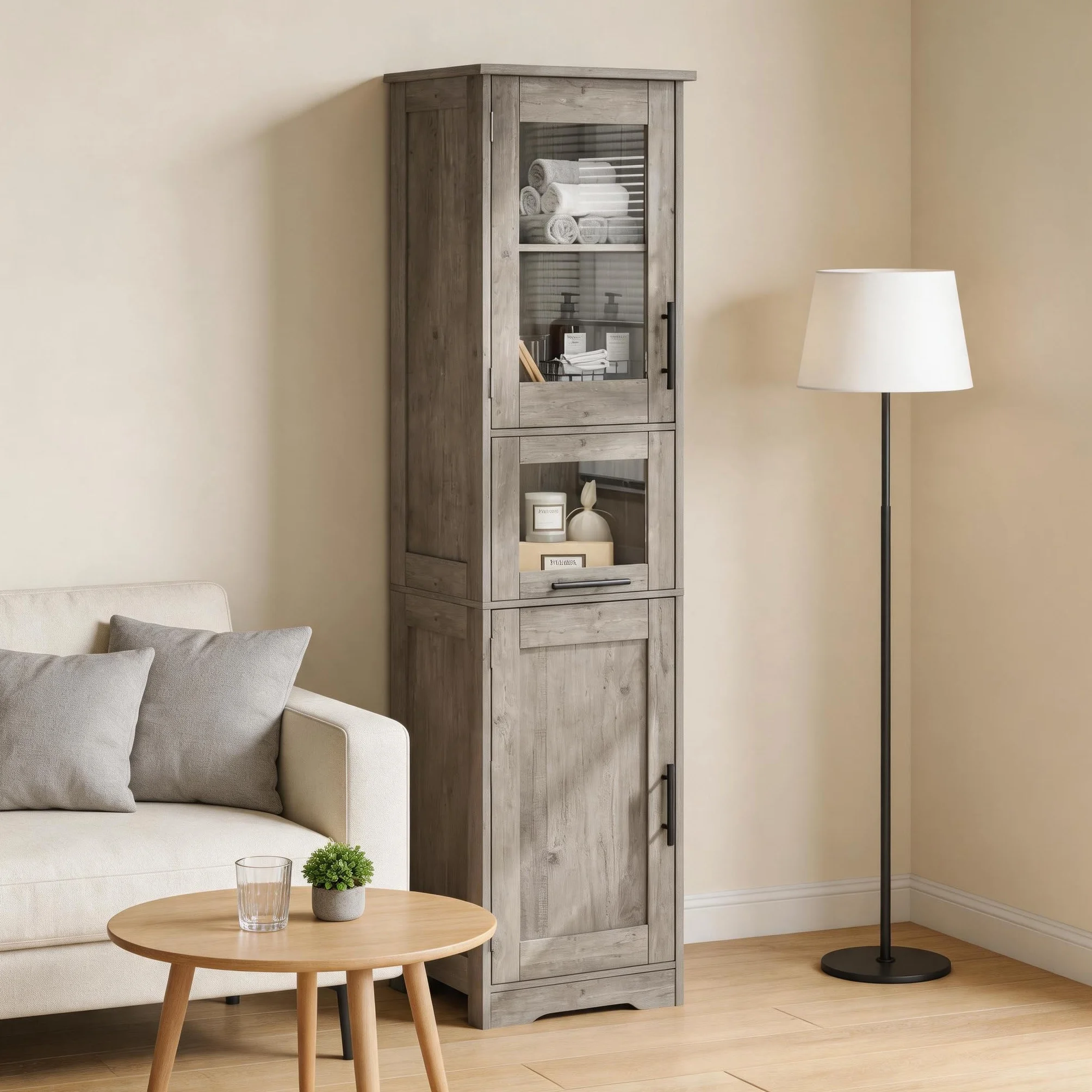 Armario Baño Alto Estrecho 40×31×170 cm Gris Mueble con Puertas y Estante Ajustable