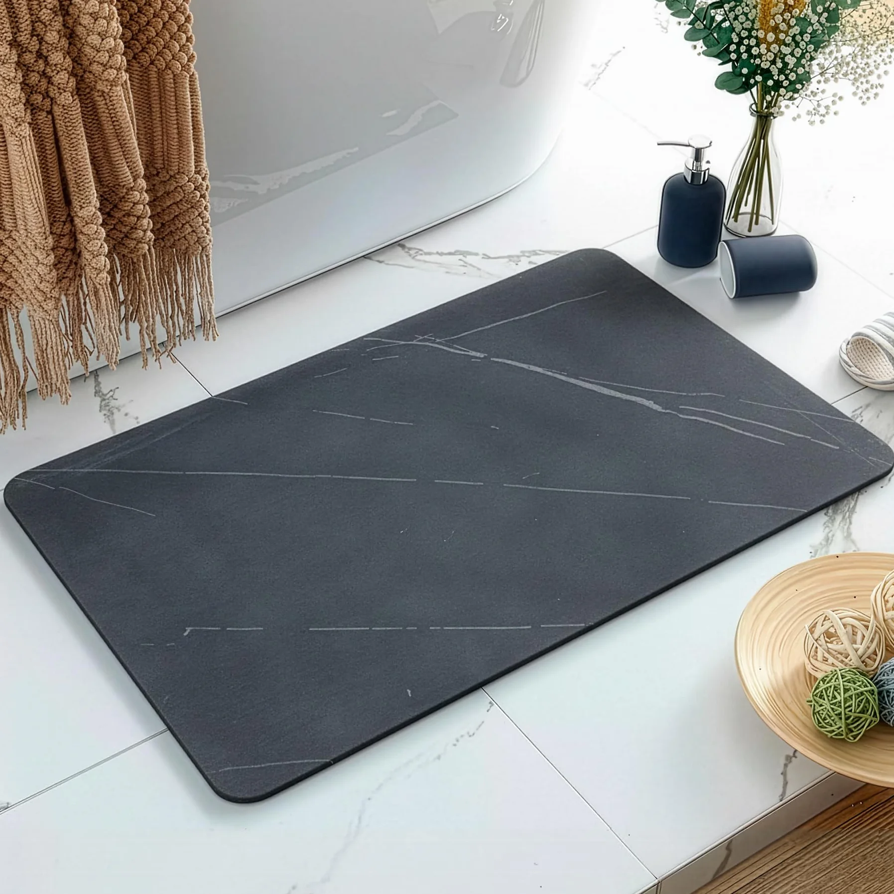 Maxura Alfombra Diatomita Baño 60x40 cm – Alfombrilla de Piedra Diatomita Super Absorbente para Ducha, Baño y Cocina, Secado Rápido, Antideslizante y Antibacteriana - Stone Bath Mat (Negro)