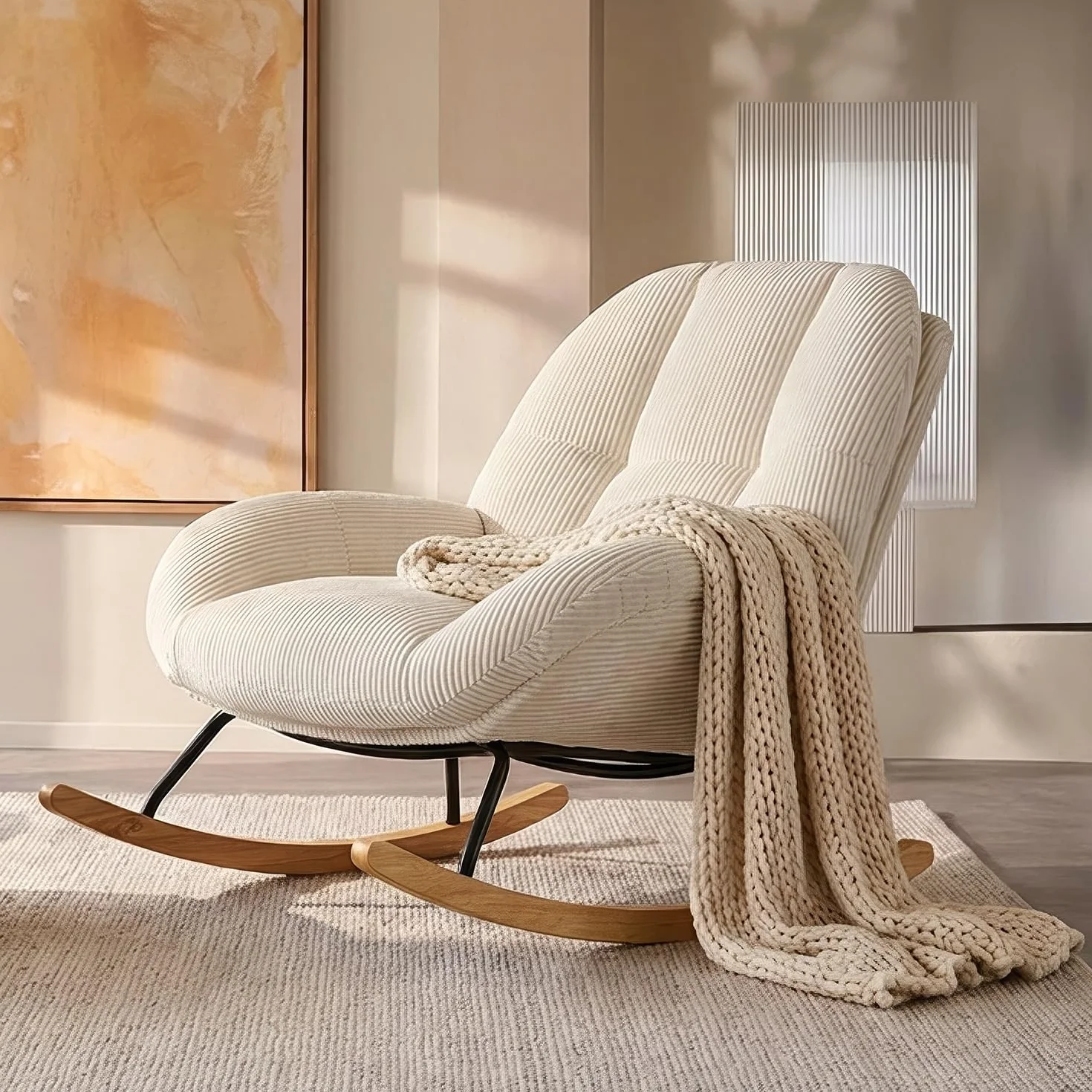 MEUBLE Cosy Sillas Mecedora Escandinavo Sillón Relax Especial Lactancia para Salón Dormitorio Lectura Sala de Estudio, Asiento Extra Ancho en Tela de Pana, Beige
