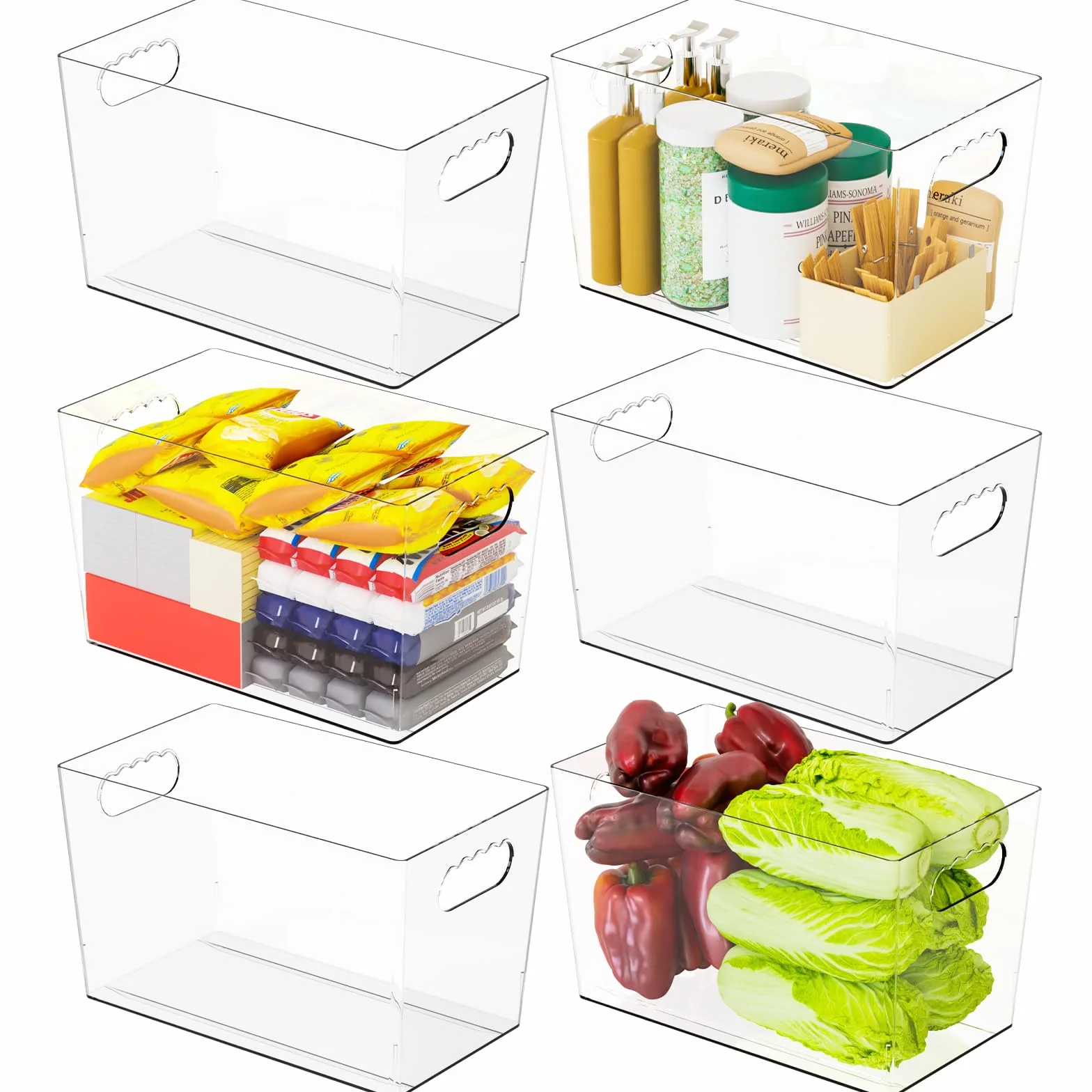 Paquete de 6 contenedores de plástico transparente para organizar, con asa, contenedores organizadores grandes de despensa de 11 pulgadas para estantes, aperitivos, alimentos o suministros de limpieza