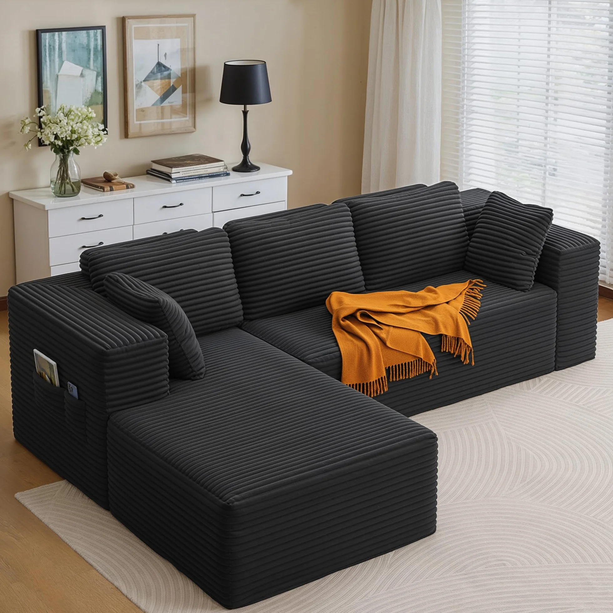Xbro Sofá Esquinero Modular Forma L, Sofa Chaise Longue para Sala de Estar con Cojines y Bolsillos Laterales, Sin Montaje, Tela de Pana, 250 x 160 x 62 cm(Gris Oscuro, Chaiselongue Izquierda)