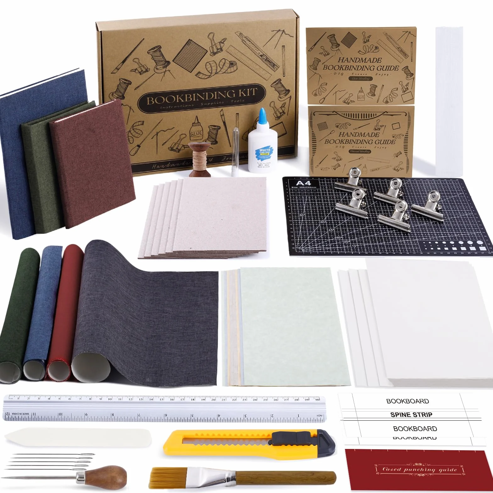 145 kits de encuadernación de libros para principiantes para hacer libros, materiales de encuadernación con punzón de tela de papel A5, herramientas completas de encuadernación con instrucciones y