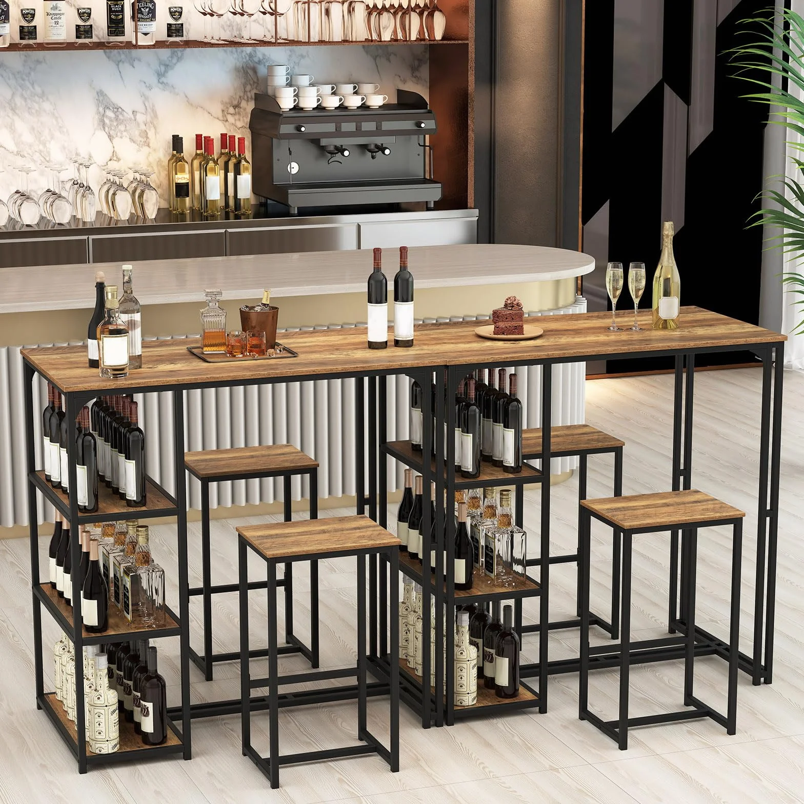 COSTWAY Juego de Mesa y Taburetes de Bar, 110x60x110 cm, Mesa Alta de Cocina con 2 Taburetes, 3 Estantes, Marco de Metal, Marrón