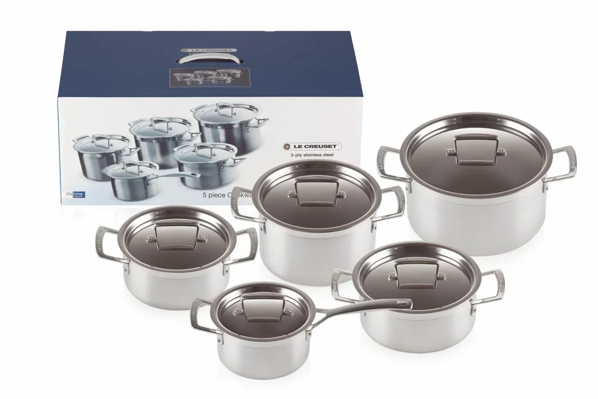 Le Creuset Batería de cocina con tapas a medida, 10 piezas, 3 Ollas, 1 Cacerola, 1 Cazo, Acero inoxidable, Volumen 2.3, 4.0, 6.0, 3.0, 1.9 L, Para todo tipo de fuentes de calor, Metálico