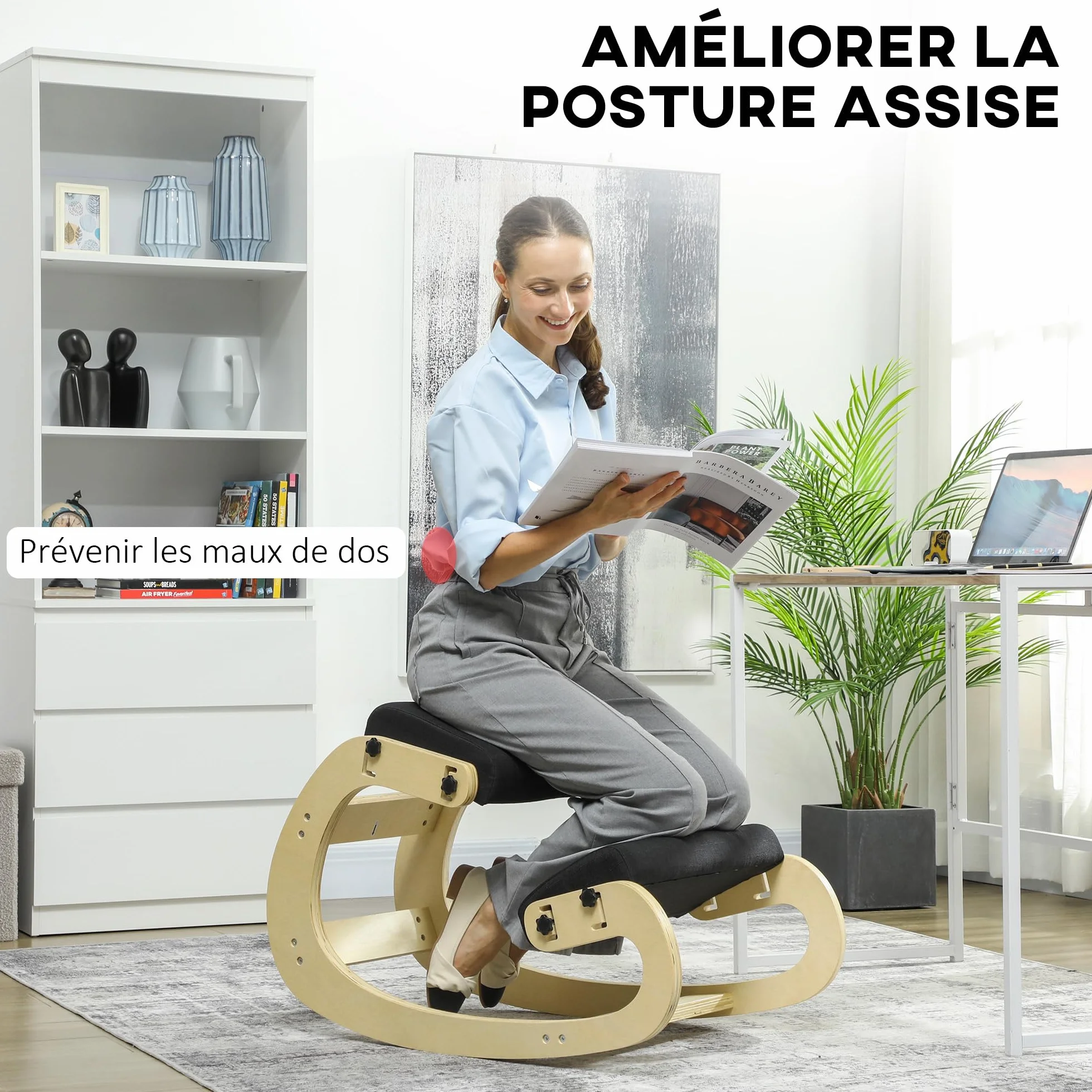 HOMCOM Asiento de Rodilla, Asiento Ergonómico de Madera basculante, Silla de Rodilla ajustable para Oficina en casa, Mejorar la Postura, Dolor de Espalda, Negro