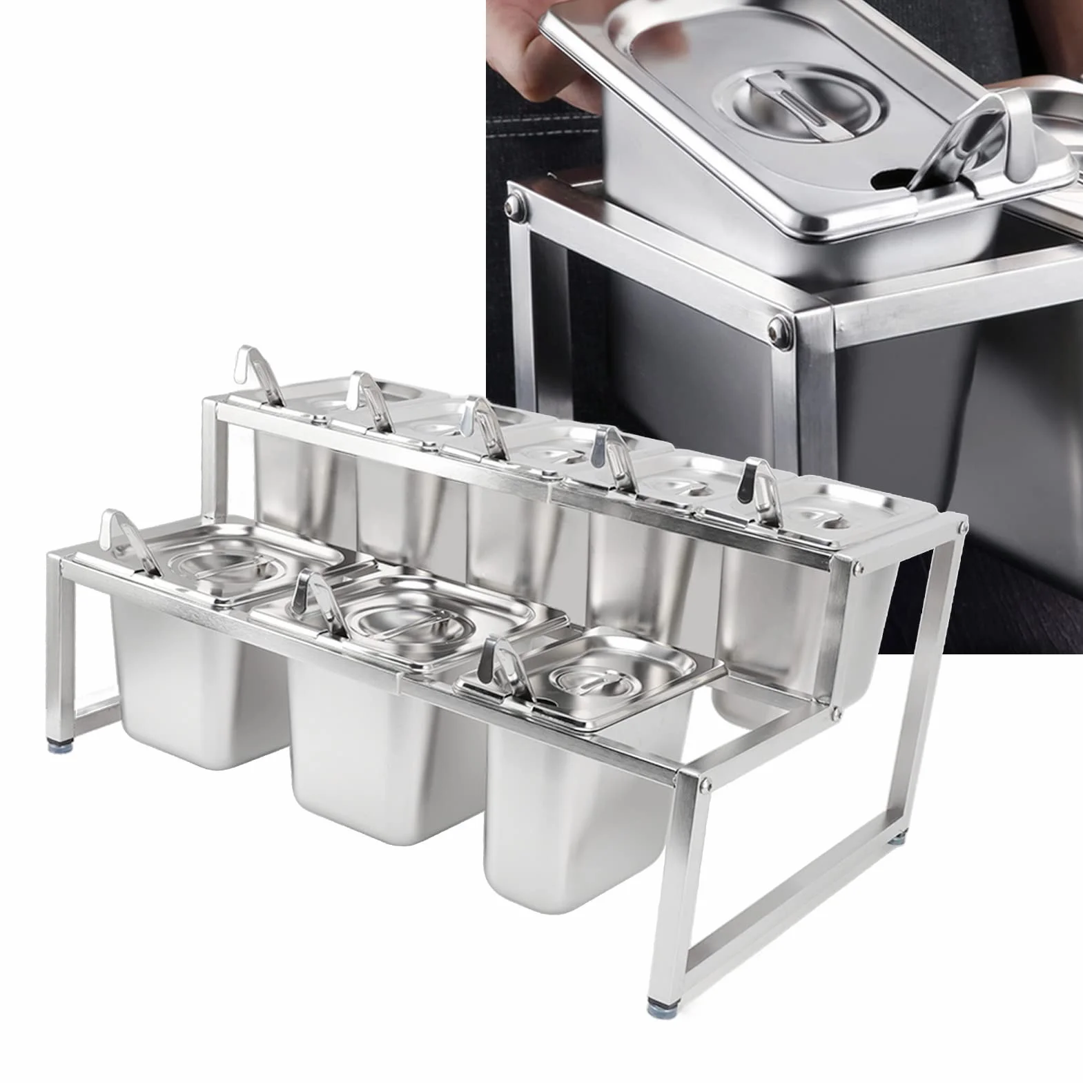 Mermelada Premium de Acero Inoxidable con 9 Ollas Desmontables para Restaurantes y Hoteles | Estación de Condimentos (Tipo 7 2x2.2L Bote 6x1.6L Bote)