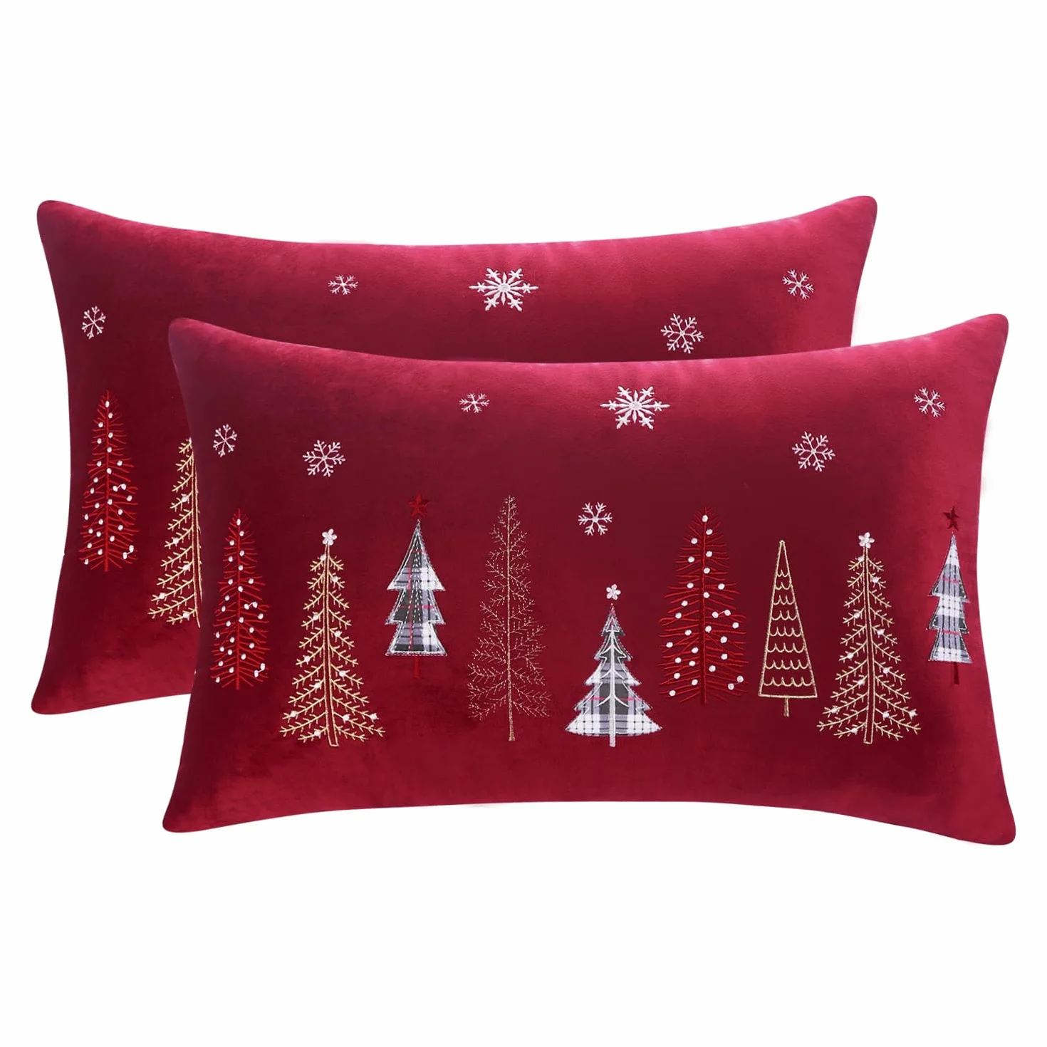 Tosleo - Juego de 2 Fundas de cojín (Terciopelo, 40 x 66 cm, Funda de Almohada, Color Rojo y Alegre Xmas, Muchos árboles de Navidad, decoración de Invierno, para sofá, Cama, Silla, salón o casa
