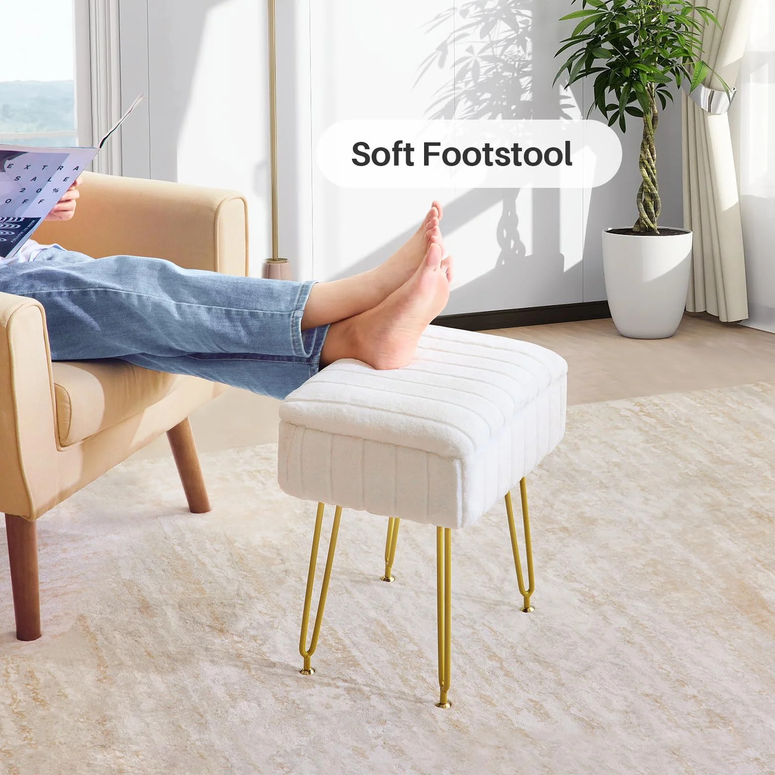 Redlife Taburete De Tocador con Almacenamiento, Sillón De Tocador De Piel Sintética, Reposapiés Otomano, Sillón De Tocador De Maquillaje para Dormitorio (Blanco)