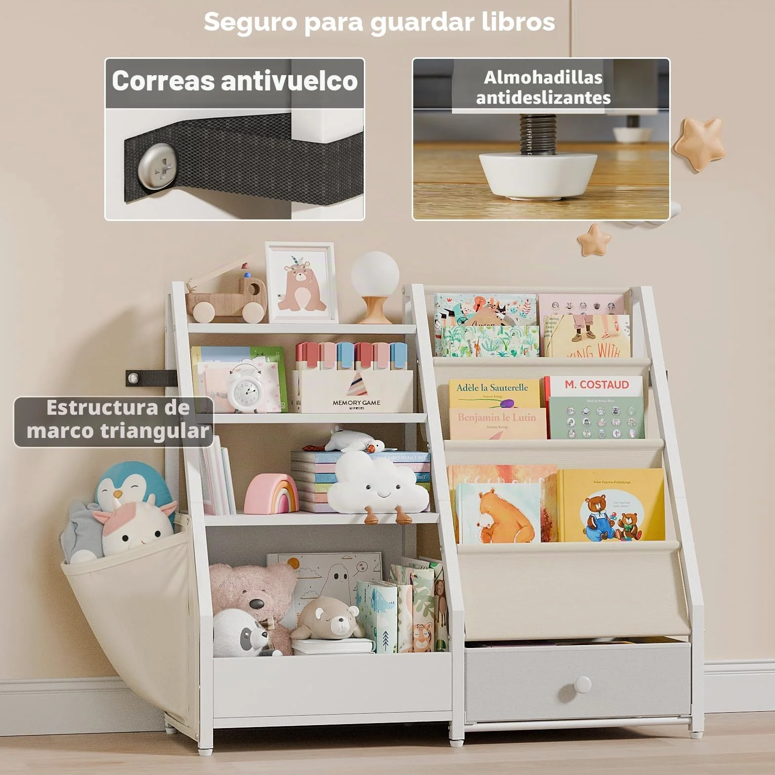 Estantería y almacenamiento de juguetes, estante para libros y guardería, organizador Montessori, color blanco