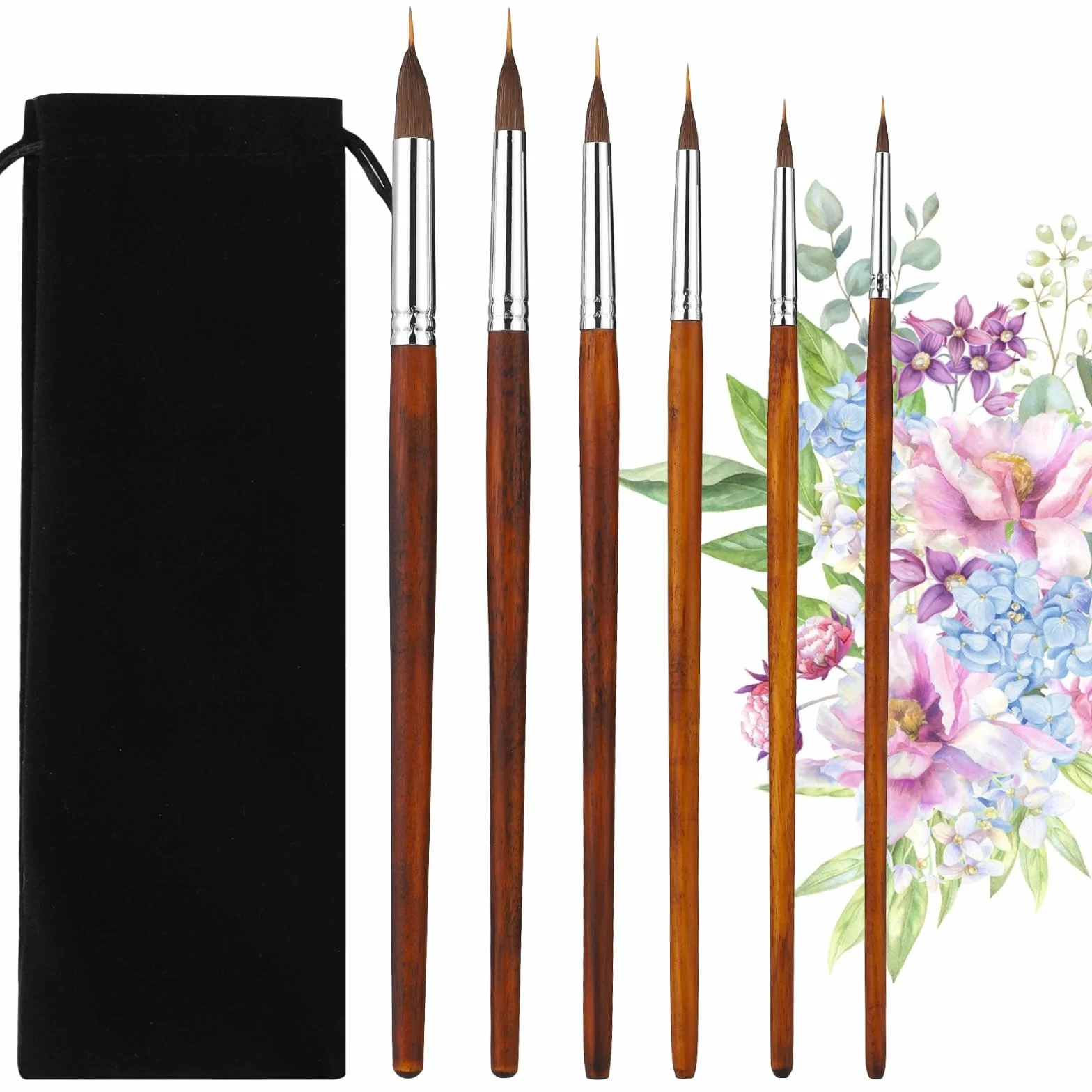 6 pinceles profesionales de acuarela con doble fibra, crin y punta de nailon, virola de cobre niquelado, mango de madera, para acuarela, gouache, acrílico