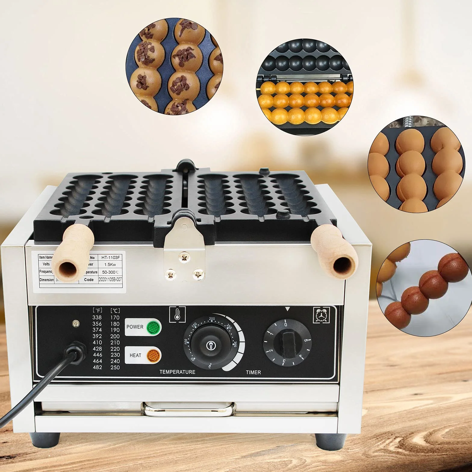 Antiadherente Bubble Waffle Maker Huevo Gofrera Huevo Waffle Machine 1500W Comercial Adecuado para Panaderías Restaurantes
