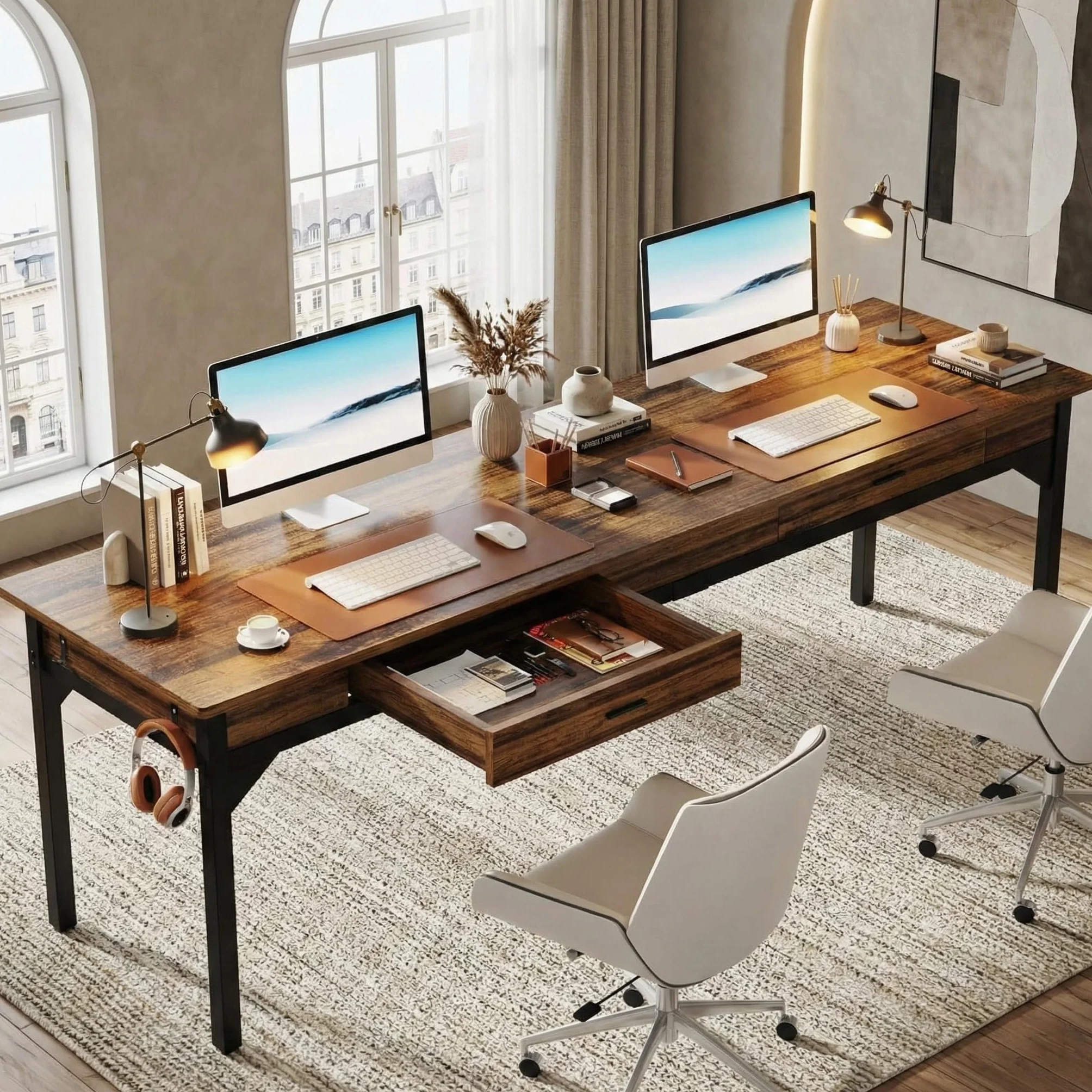 Lailang 200cm Escritorio de Computadora, Mesa Escritorio Grande, Mesa de Oficina despacho, Escritorio con Cajones, Mesa con cajones Madera, Escritorio 2 Metros, 200 x 60 x 82 cm, Marrón Rústico